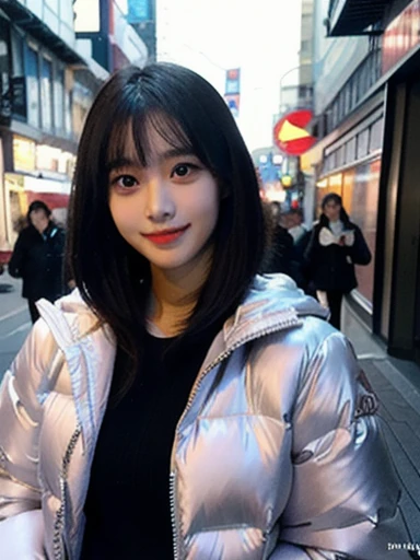 (masterpiece, best quality, photo realistic, official art:1.4), (UHD, 8K quality wallpaper, High resolution, raw photo, film grain:1.2), (shiny skin), professional lighting, physically-based rendering, Award-winning, highly detailed skin, (extremely detailed face and eyes, clear pupils), Carl Zeiss 85 mm F/1.4, depth of field, BREAK, 1girl, solo, kawaii 24-year-old Korean girl, (Nogizaka idol:0.7), (Korean idol:0.9), (glossy straight black hair, pixie cut, bangs:1.3), rounded face, single eyelid, (soft smiling, closed mouth:1.3), (wearing light down jacket:1.3), (skinny jeans, high heels:0.9), (breasts emphasized, well shaped medium breasts:0.8), (looking at viewer), BREAK, at a street in Seoul, winter night, moonlight, (seductive posing, dynamic angle:1.3), full body shot,