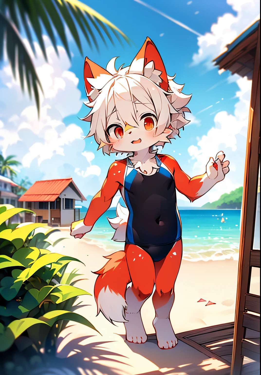 score_9,score_8_up,score_7_up, source_cartoon, source_furry, rabbit girl, rabbit tail, Green hair, short hair, long side hair, furry, blush, looking at viewer, smile, 1girl, rabbit ears, furry female, Pink skin, pink fur, light beige fur, two-tone body, two-tone fur, ((hairband, bright green strapless fringed bandeau bikini)), beach, clear sky, blush, looking at viewer, standing, red eyes, solo, anthro, small breasts, cheek tuft, eyelashes, eyelids, facial tuft, navel, v sign, gesture grin, hand_gesture, happy, looking_at_viewer, mugshot, smile, solo, standing, v_sign, full body, feets with three toes,