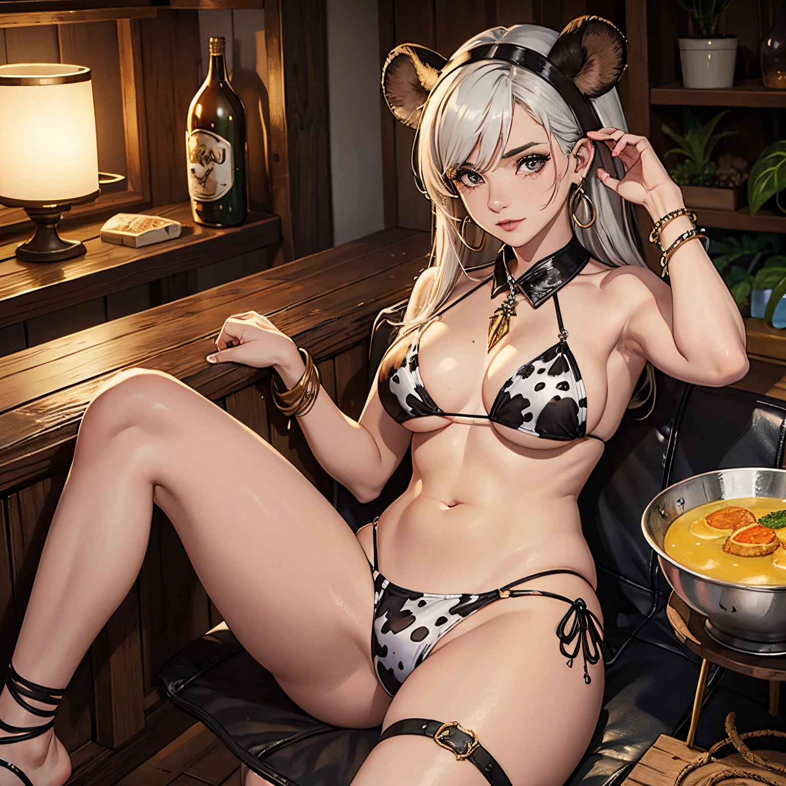 uma mulher, vestindo uma fantasia de vaca,with a cowhide print bikini,(manchas pretas e branca),com orelhas e cauda de vaca,um colar com sino