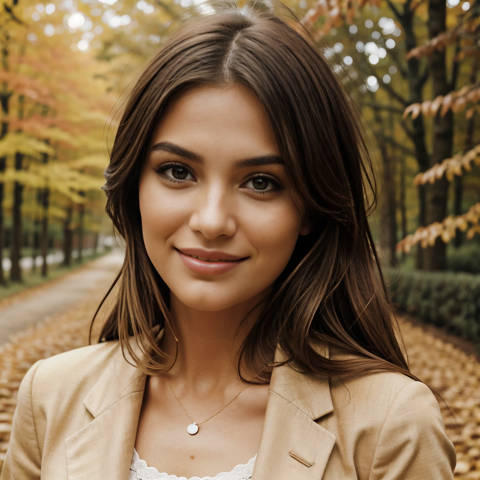 Generate a photorealistic Autumn image, una impresionante influencer rubia, en un lugar bien iluminado, Entorno natural. She should be in her twenties., con largo, Cabello rubio ondulado que cae con gracia sobre sus hombros. Su tez debe ser impecable, with a warm, sonrisa. Autumn must have an elegant style., traje bohemio-chic que complementa su comportamiento relajado y seguro. Sus expresivos ojos marrones deben irradiar carisma., and she should be captured in a candid moment, tal vez mirando a lo lejos con una sutil, enigmatic smile. The background should present a serene atmosphere., Make sure the image appears high resolution and realistic,