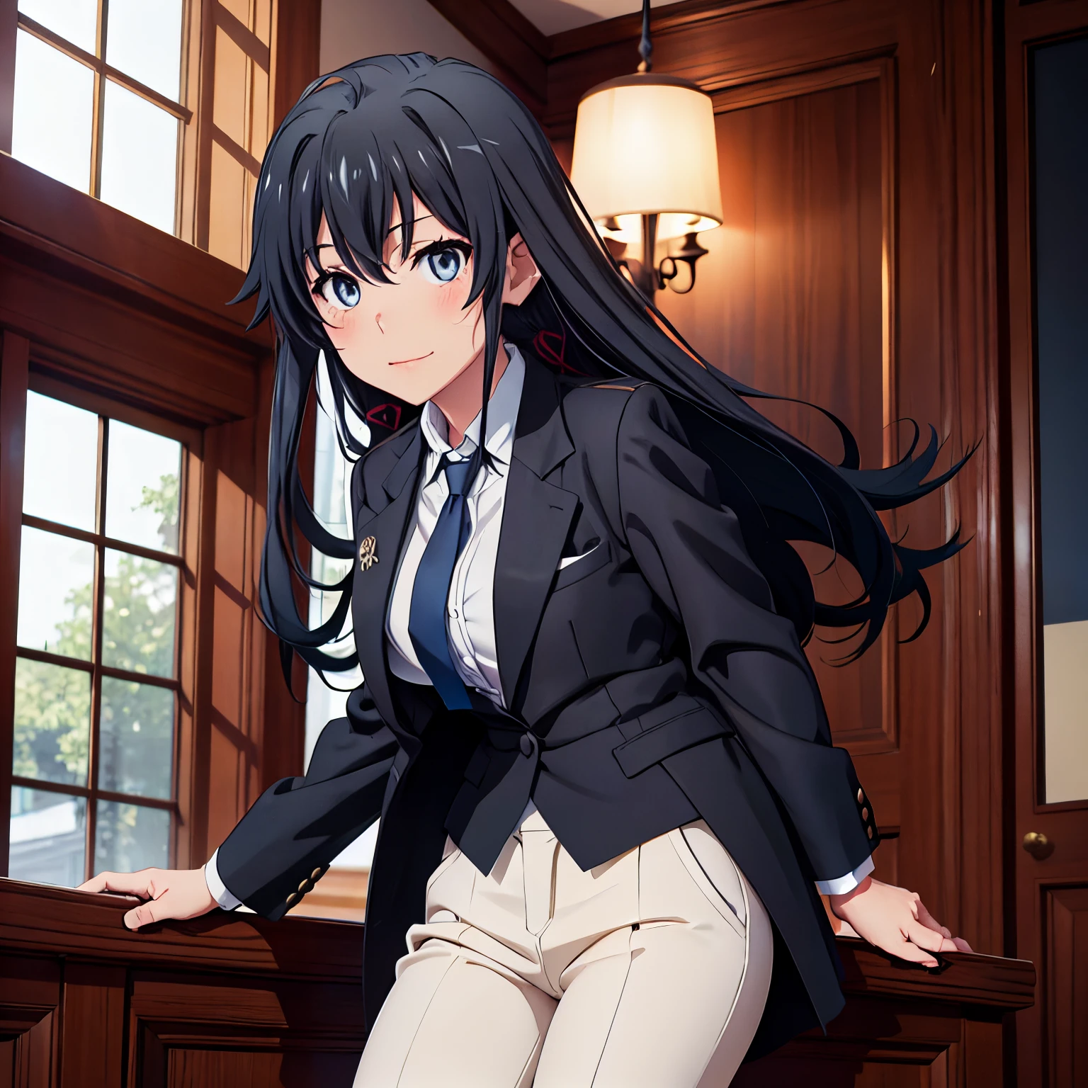 1GIRL , Yukinoshita yukino , Yukinoshita yukino,woman in formal attireactive suit tuxedo tailcoat standing in a large alcove in the room, 1girl, solo, necktie, black hair, blue eyes, long hair, smile, jacket, looking at viewer, shirt, pants, blue necktie, collared shirt, white pants, white shirt, indoors, bangs, long sleeves, closed mouth, window, black jacket, blush, cowboy shot, formal, suit, full sexy body