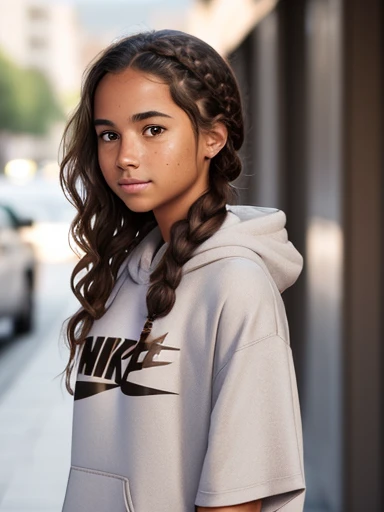 1girl. Tan skin, freckles on nose, freckles on cheeks, dark brown hair, wavy hair, hair braid, Nike shorts, Nike sweatshirt,