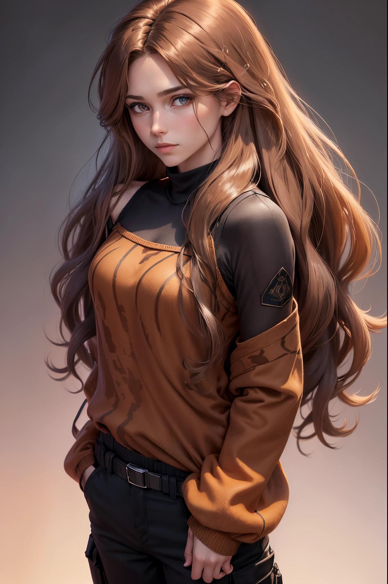 Illustrated image of one medium length haired transgender woman (About 19-20) with medium length, brown messy wavy flowy hair and blue eyes Wearing a red siberian camoflauge sweater, and black tactical pants. Extremely detailed, only one person in image. masculine features, brown hair, ((((shoulderlength hair)))), masculine ((flat-chested)) Snowy background