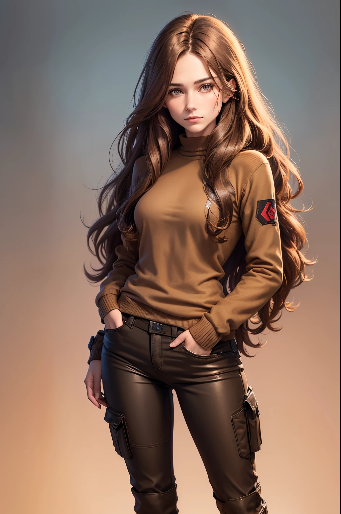 Illustrated image of one medium length haired transgender woman (About 19-20) with medium length, brown messy wavy flowy hair and blue eyes Wearing a red siberian camoflauge sweater, and black tactical pants. Extremely detailed, only one person in image. masculine features, brown hair, (((medium length hair))), masculine ((flat-chested)) Snowy background