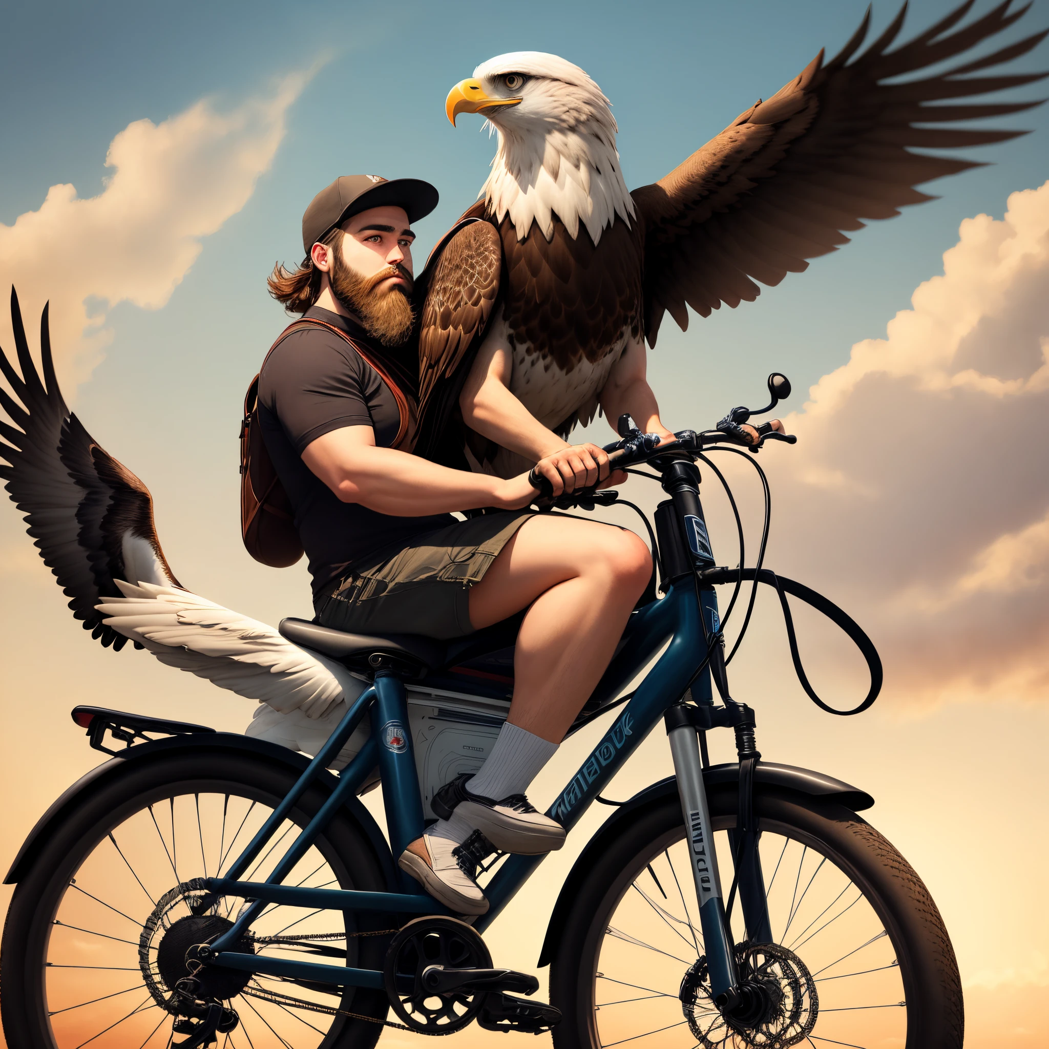 Make me a picture of man with a beard 
riding a unicycle with an eagle on my shoulder