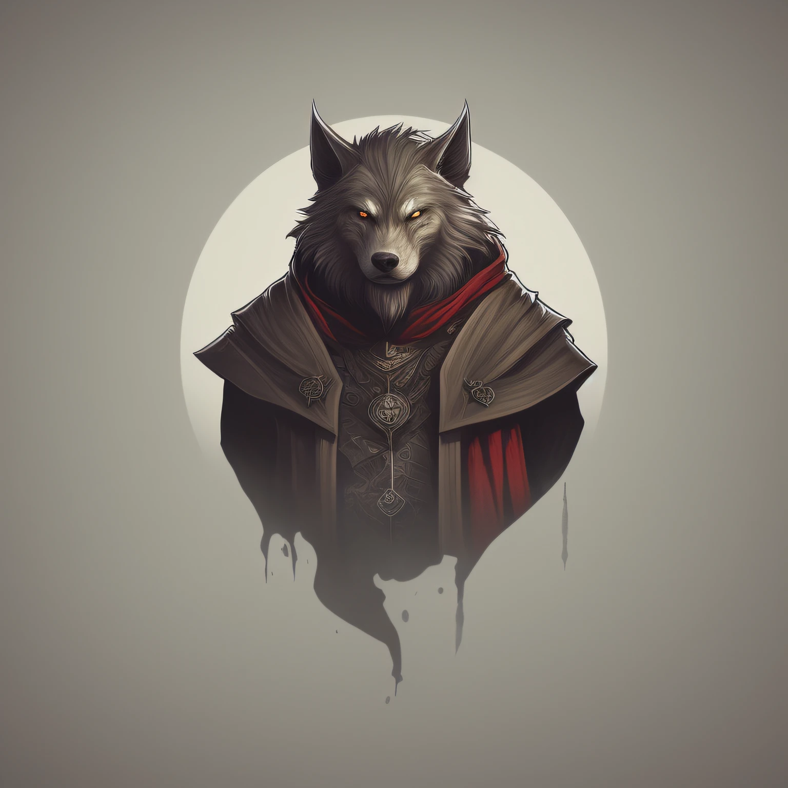 um close de um lobo com uma capa em um fundo cinza, retrato do lobo da fantasia, an anthropomorphic wolf, anthropomorphic wolf, grande lobo, Grim - Lobo, Lobo Mau Grande, Retrato de um lobisomem, lobisomem", DND Fantsay Arte, Mago da Raposa Negra, arte de personagem impressionante, arte do personagem de fantasia, retrato do personagem da fantasia