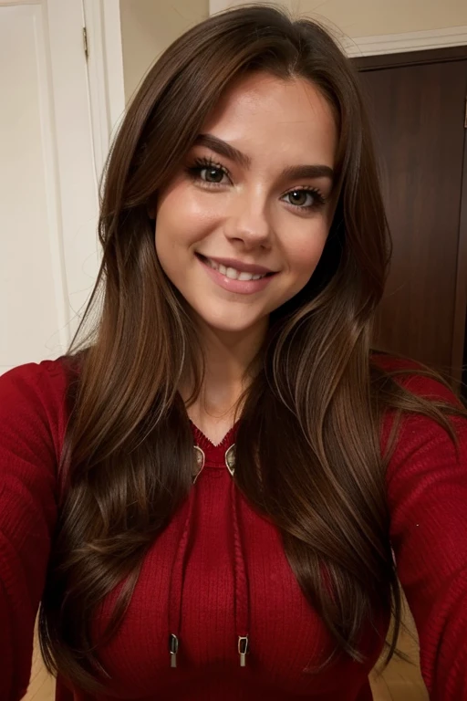 long full hair, small boobs, red pullover, no cut outs, taking a selfie, dark blonde hair, brown eyes, upper body, full lips, realistic, smiling