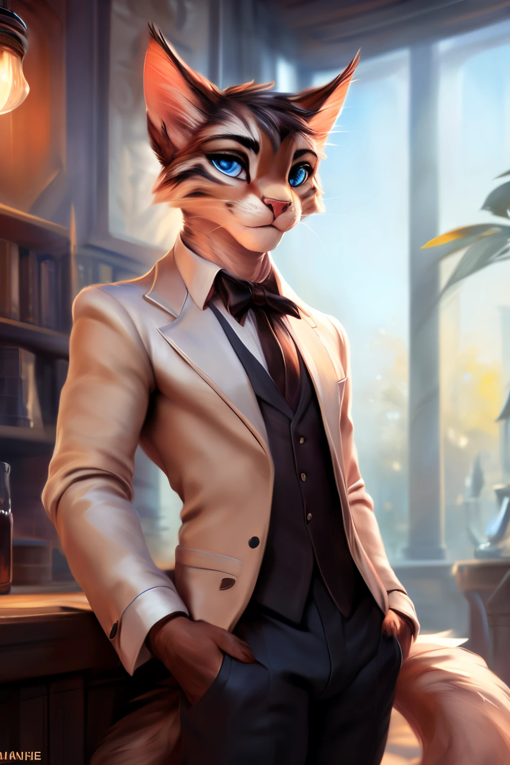 4k, high resolution, best quality, masterpiece, perfect colors, perfect shadows, perfect lighting, published in e621, (by Chunie, by Einshelm), furry, den, furry art, ((portrait)), male cat, white cat , Lackadaisy (two tone fur), hairy body, blue eyes, standing facing viewer, (seductive face: 1.2), fit body, perfect male body, ((in formal clothes)), formal jacket and pants, (( looking at viewer)), detailed fur, detailed face, perfect face, in a professional studio perfect background, detailed background, cozy atmosphere, ((Bonifasko lighting)), cat tail, (detailed eyes), perfect pupils, perfect body