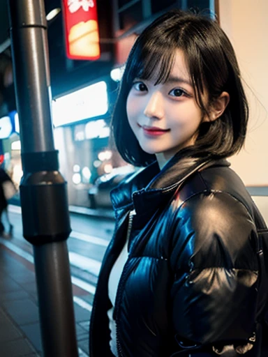 (masterpiece, best quality, photo realistic, official art:1.4), (UHD, 8K quality wallpaper, High resolution, raw photo, film grain:1.2), (shiny skin), professional lighting, physically-based rendering, Award-winning, highly detailed skin, (extremely detailed face and eyes, clear pupils), Carl Zeiss 85 mm F/1.4, depth of field, BREAK, 1girl, solo, kawaii 24-year-old Korean girl, (Nogizaka idol:0.7), (Korean idol:0.9), (glossy straight black hair, pixie cut, bangs:1.3), rounded face, single eyelid, (soft smiling, closed mouth:1.3), (wearing light down jacket:1.3), (skinny jeans, high heels:0.7), (breasts emphasized, well shaped medium breasts:0.8), (looking at viewer), BREAK, at a street in Seoul, winter night, moonlight, (seductive posing, dynamic angle:1.3), upper body shot,