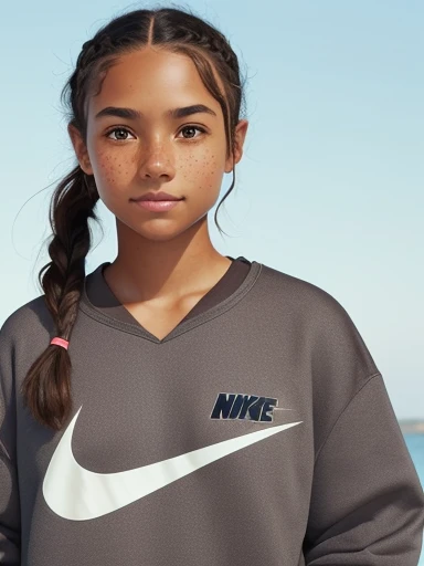 1girl. Tan skin, freckles on nose, freckles on cheeks, dark brown hair, wavy hair, hair braid, Nike shirt, sweatpants, twenty years old, playing video games on the couch,