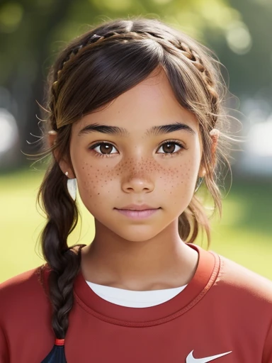 1girl. Tan skin, freckles on nose, freckles on cheeks, dark brown hair, wavy hair, hair braid, Nike shorts, Nike sweatshirt,