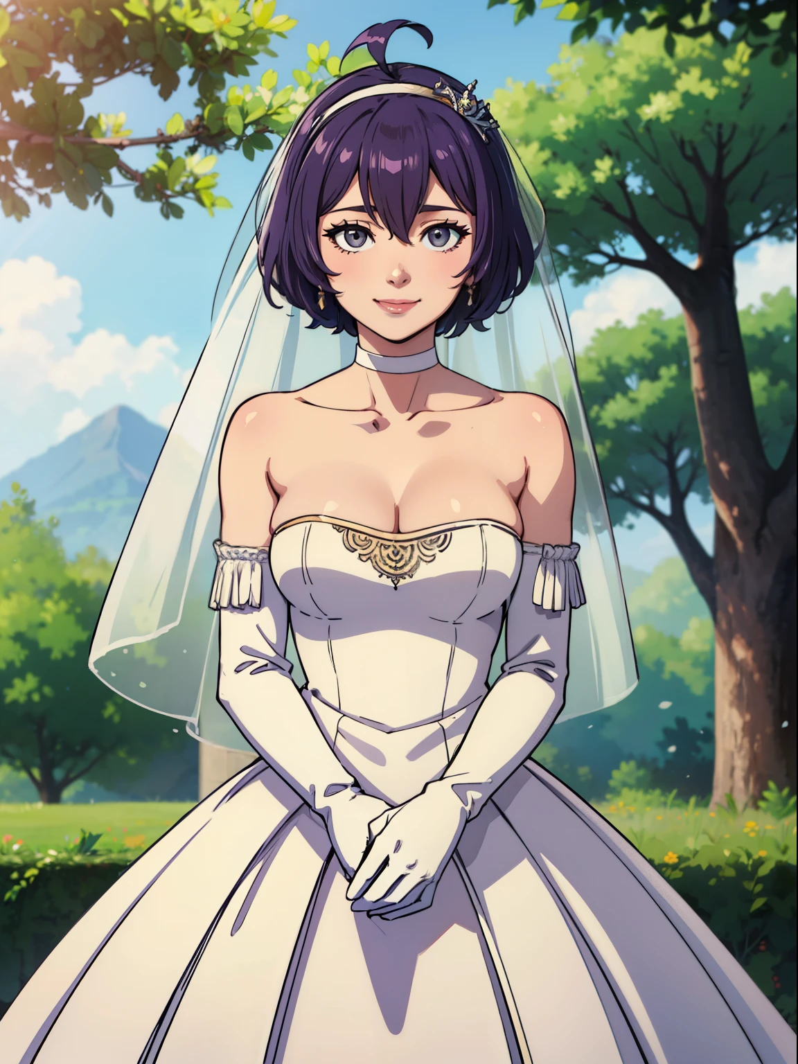 defBernie, purple hair, grey eyes, hair between eyes, ahoge, hair ornament, gloves, dress, cleavage, bare shoulders, collarbone, white oprea gloves, white gloves, white dress, strapless, white choker, tiara, veil, strapless dress, wedding dress, bridal veil, beautiful woman, perfect body, perfect breasts, wearing a wedding dress, ball gown, in the park trees, wedding decorations, looking at the viewer, smile, realism, masterpiece, textured skin, super detail, high detail, high quality, best quality, 1080p,