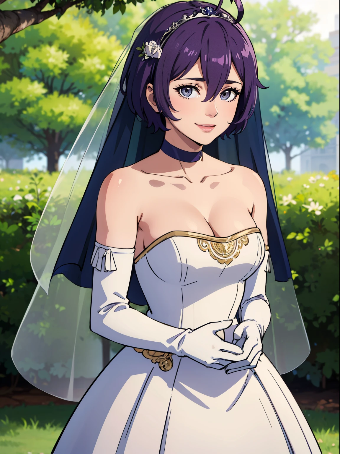 defBernie, purple hair, grey eyes, hair between eyes, ahoge, hair ornament, gloves, dress, cleavage, bare shoulders, collarbone, white oprea gloves, white gloves, white dress, strapless, white choker, tiara, veil, strapless dress, wedding dress, bridal veil, beautiful woman, perfect body, perfect breasts, wearing a wedding dress, ball gown, in the park trees, wedding decorations, looking at the viewer, smile, realism, masterpiece, textured skin, super detail, high detail, high quality, best quality, 1080p,