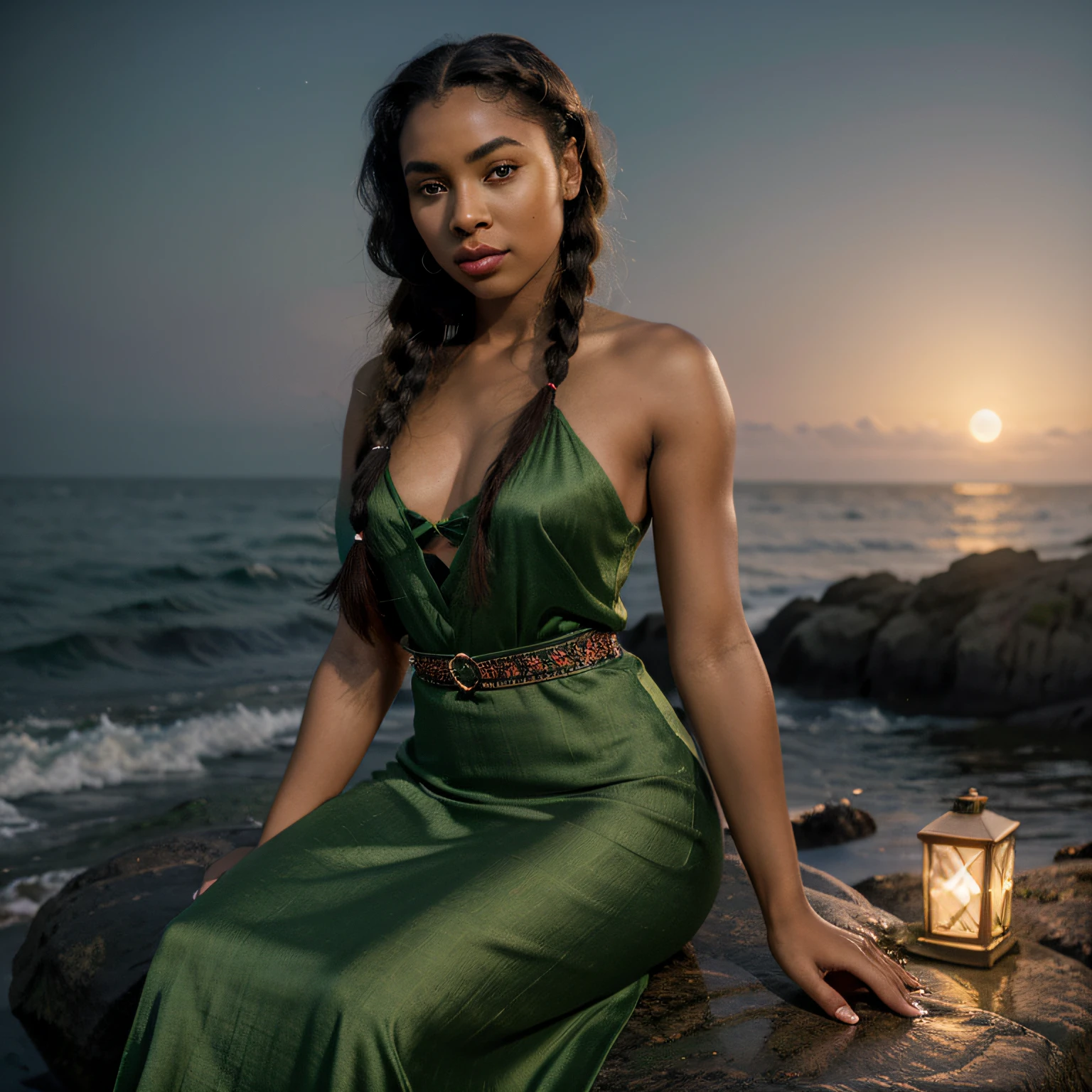 handsome girl, African american, long hair with braids, big eyes, red-lips, with tattoos, in a green silk art deco dress, gracefully fits a chic figure. Girl sitting on a rock on the ocean shore, night time, soft light of the moon and lanterns, light mist. Highest Quality, high detail, hyper realisitc, Hyperreal photo of, cinematic quality, high detail, Raw