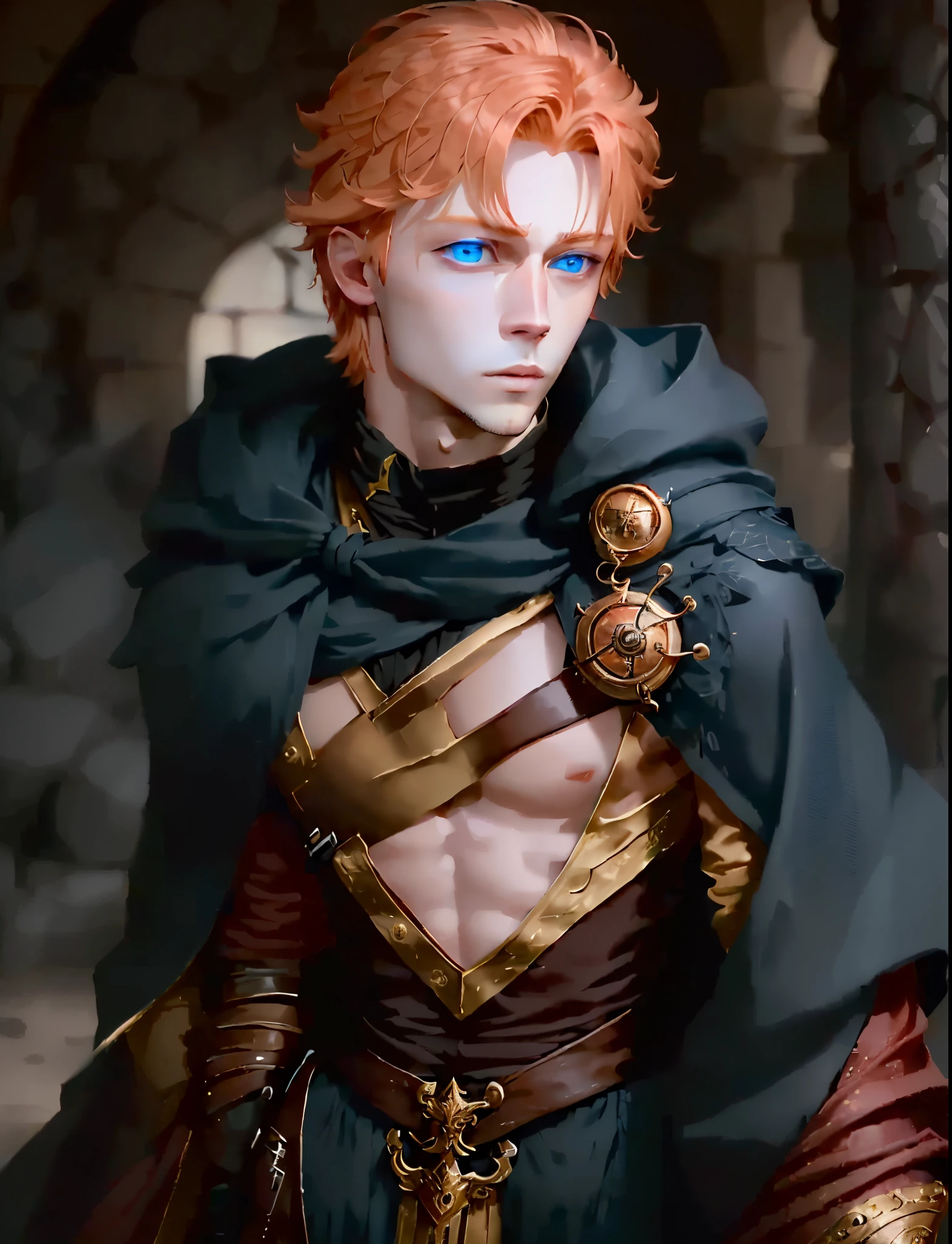 (hyper-realistic digital illustration), (perfect face:1.1), (high detail:1.1) one extremely handsome male elf (naked torso) wearing micro orange g-string, mage long red cloak, clean shaved, front view, lying on his back, holding legs raised, athletic body, (white skin), bare chest, flat chest,(long orange hair scruffy ), serene expression, small waist, muscular. best quality, high-resolution