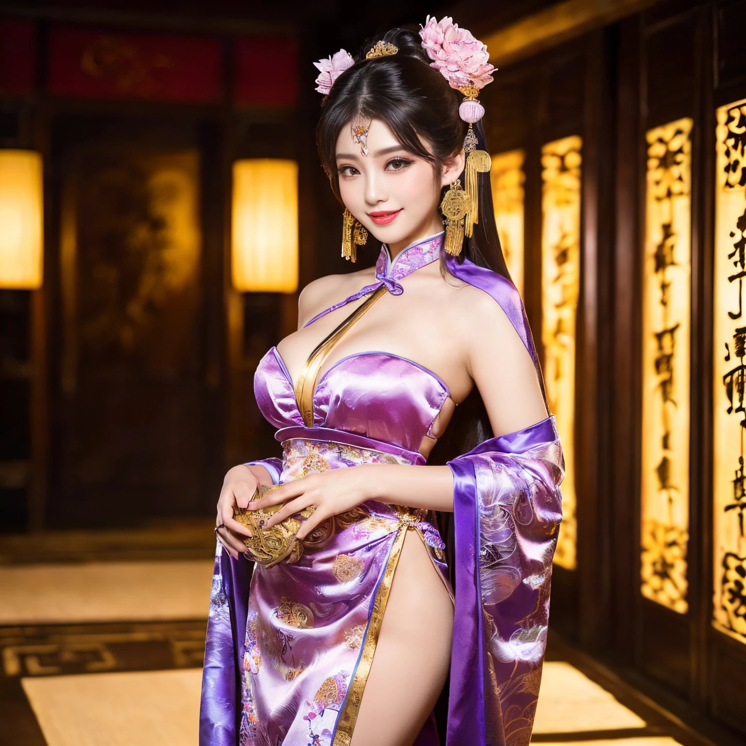((top-quality、masutepiece、8K、Top image quality、Highly complex and detailed depictions))、(the most gorgeous chinese goddess:1.5)、Chinese garrison house at night、((The most gorgeous prostitution goddess huge costume、the most vivid and luxurious costumes、big long costume、The most luxurious and huge garrison、An unimaginably luxurious garrison、purple and pink garrison、It is depicted against the background of a huge and luxurious garrison..、Huge Guru House at midnight、Very complex decoration、very clear garrison))、(View me、Bewitching smile、Perfect makeup、long eyelashes、pink lipsticks、Pink eyeshadows、perfect anatomia、Biggest smile)、(A clear background of huge garrisons:1.3)