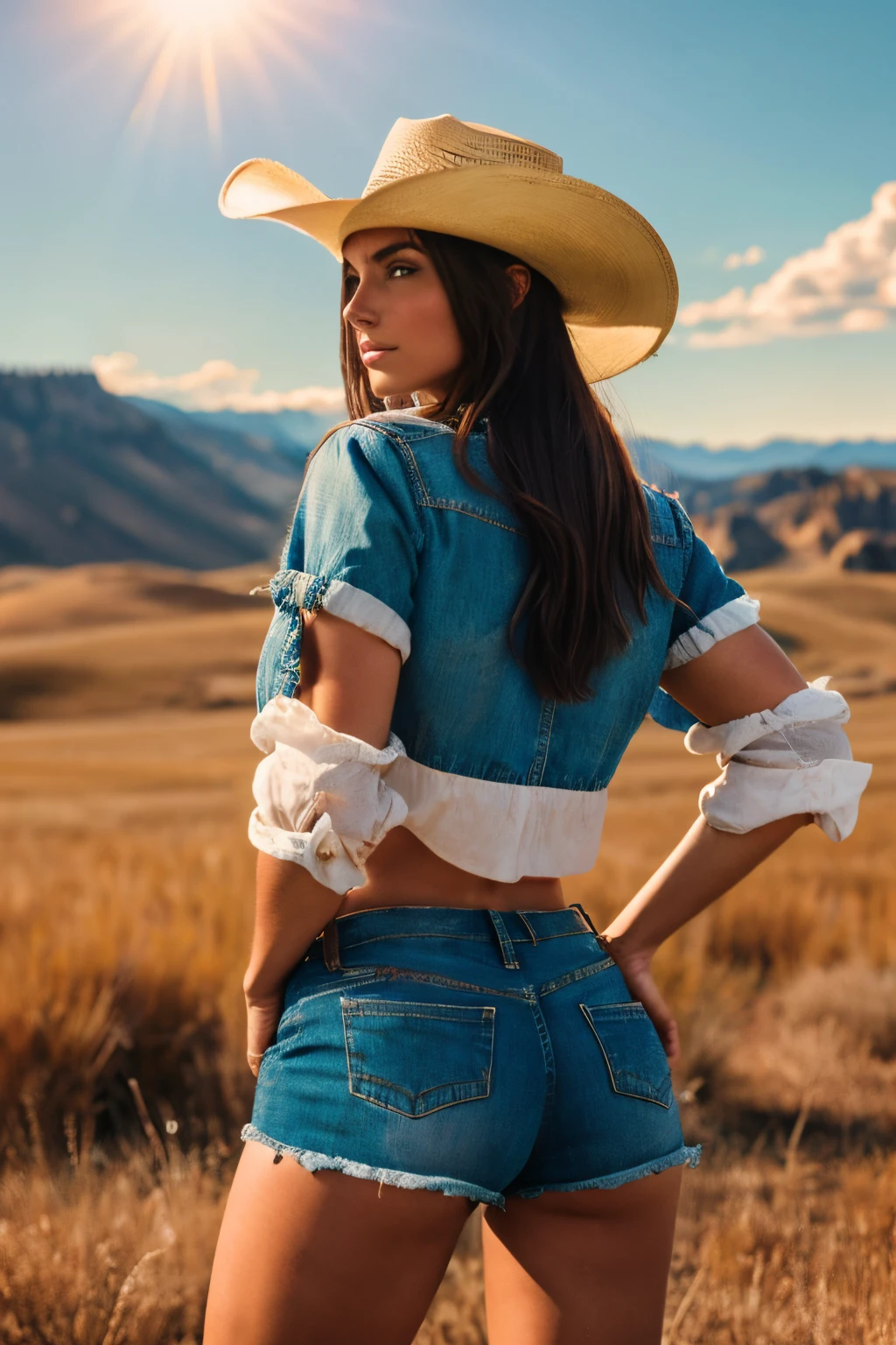 A pretty brunette cowgirl riding a horse in a Wyoming field, wearing short shorts, cowboy hat, medium breasts, western checked shirt, not exposed, ethereal lighting, dramatic, composition, epic scale, sense of awe, ultra-high res.photorealistic:.1.4, (high detailed skin:1.2), 8k uhd, dslr, high quality, film grain, Fujifilm XT3