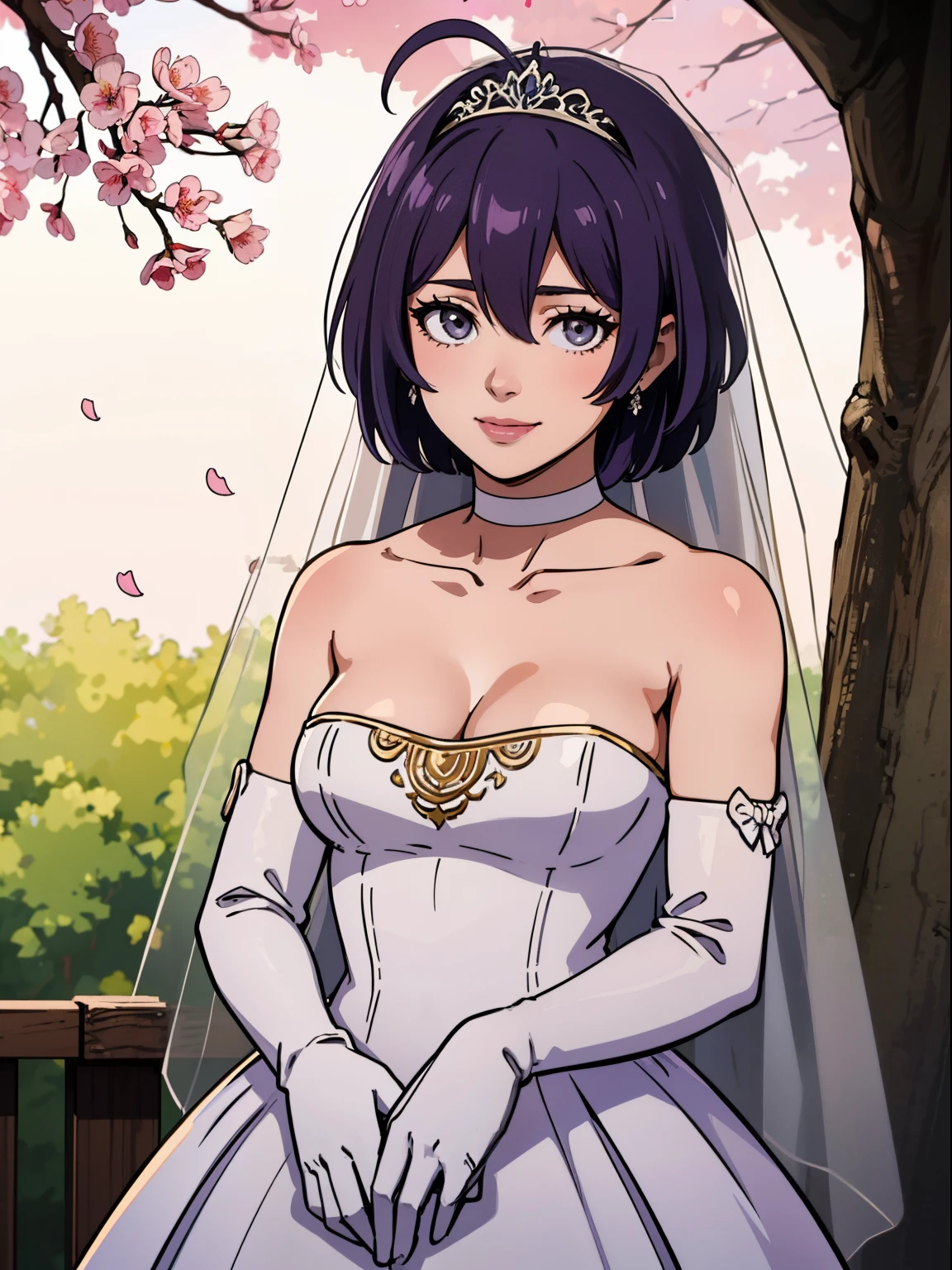 warBernie, hair bow, purple hair, grey eyes, hair between eyes, ahoge, hair ornament, gloves, dress, cleavage, bare shoulders, collarbone, white oprea gloves, white gloves, white dress, strapless, white choker, tiara, veil, strapless dress, wedding dress, bridal veil, beautiful woman, perfect body, perfect breasts, wearing a wedding dress, ball gown, in the park trees, wedding decorations, looking at the viewer, smile, realism, masterpiece, textured skin, super detail, high detail, high quality, best quality, 1080p,