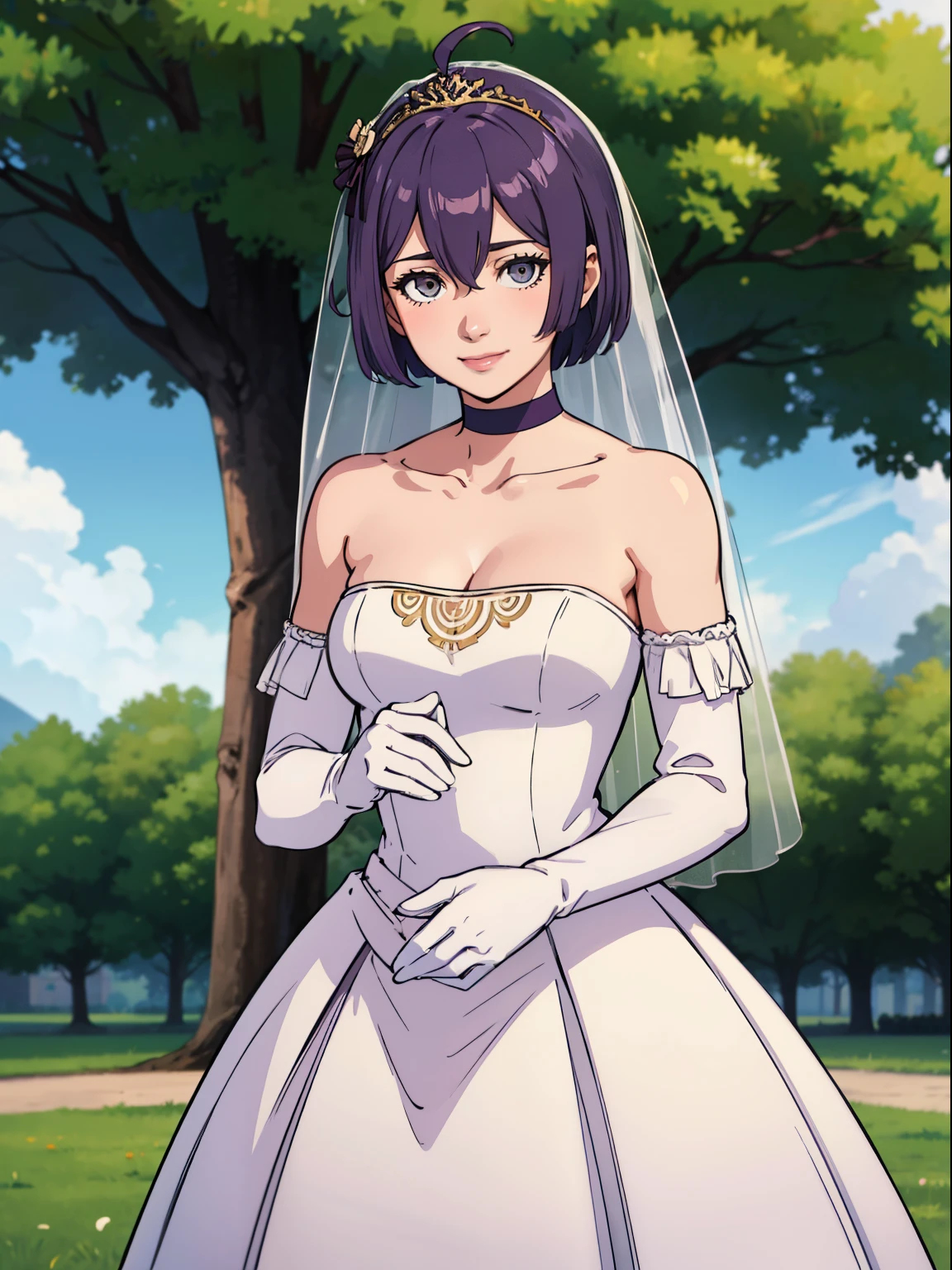 warBernie, hair bow, purple hair, grey eyes, hair between eyes, ahoge, hair ornament, gloves, dress, , bare shoulders, collarbone, white oprea gloves, white gloves, white dress, strapless, white choker, tiara, veil, strapless dress, wedding dress, bridal veil, beautiful woman, perfect body, perfect breasts,g a wedding dress, ball gown, in the park trees, wedding decorations, looking at the viewer, smile, realism, masterpiece, textured skin, super detail, high detail, high quality, best quality, 1080p,