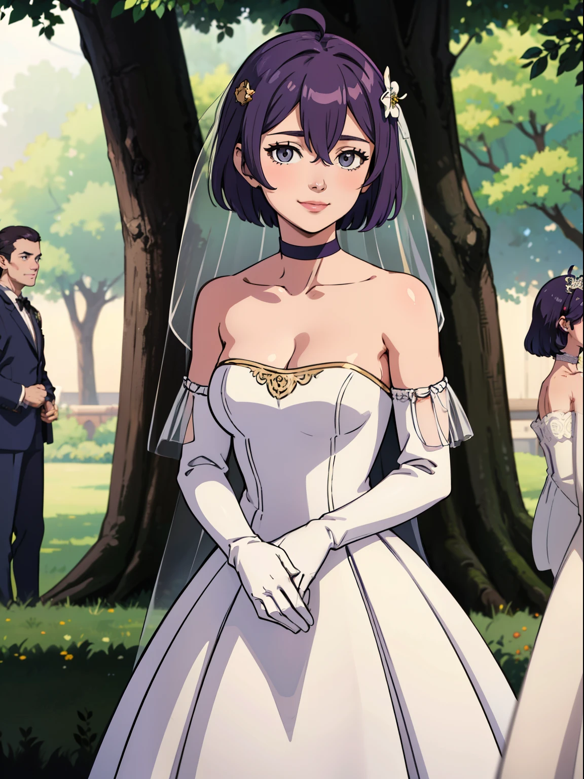 warBernie, hair bow, purple hair, grey eyes, hair between eyes, ahoge, hair ornament, gloves, dress, cleavage, bare shoulders, collarbone, white oprea gloves, white gloves, white dress, strapless, white choker, tiara, veil, strapless dress, wedding dress, bridal veil, beautiful woman, perfect body, perfect breasts, wearing a wedding dress, ball gown, in the park trees, wedding decorations, looking at the viewer, smile, realism, masterpiece, textured skin, super detail, high detail, high quality, best quality, 1080p,