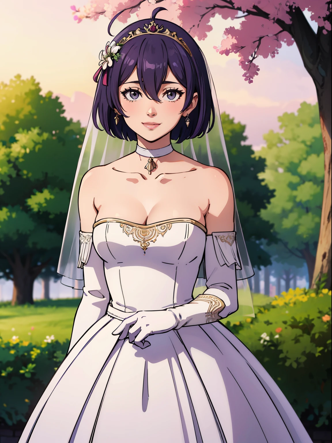 warBernie, hair bow, purple hair, grey eyes, hair between eyes, ahoge, hair ornament, gloves, dress, cleavage, bare shoulders, collarbone, white oprea gloves, white gloves, white dress, strapless, white choker, tiara, veil, strapless dress, wedding dress, bridal veil, beautiful woman, perfect body, perfect breasts, wearing a wedding dress, ball gown, in the park trees, wedding decorations, looking at the viewer, smile, realism, masterpiece, textured skin, super detail, high detail, high quality, best quality, 1080p,