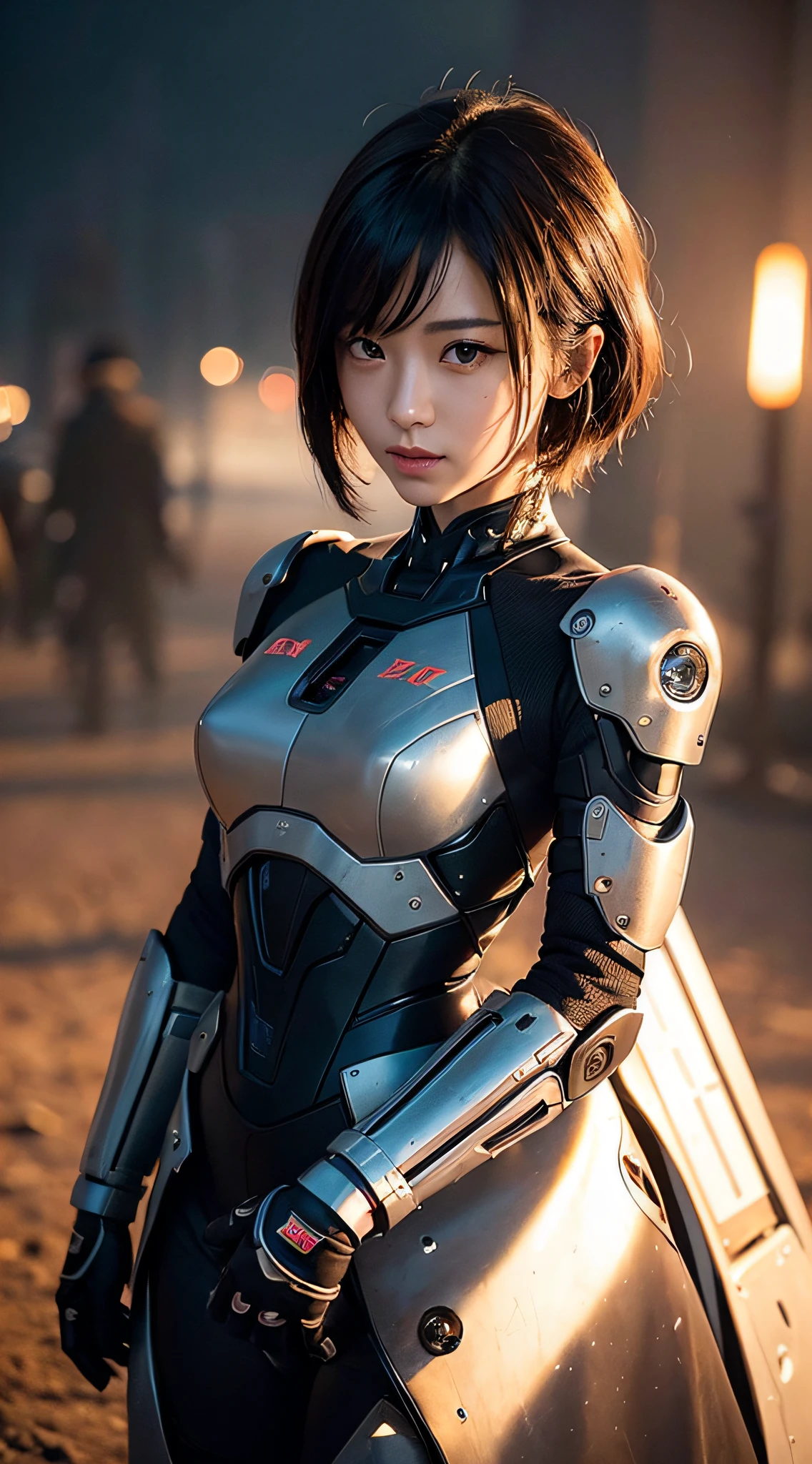 (a closeup:1.4)、(Raw photography:1.2)、(Photorealsitic:1.4)、(masterpiece:1.3)、(top-quality:1.4)、Woman standing in front of a group of robots、beautiful android woman、Beautiful Female Soldier、Girl in suit、complex combat uniform、beautiful young japanese woman、Highly detailed facial and skin texture、A detailed eye、二重まぶた、cute face、(a short bob:1.2)、(FULL BODYSHOT)、cowboy shot、angry expressions、Storms and epic war scenes、cyberpunk scene、Night、illuminations、