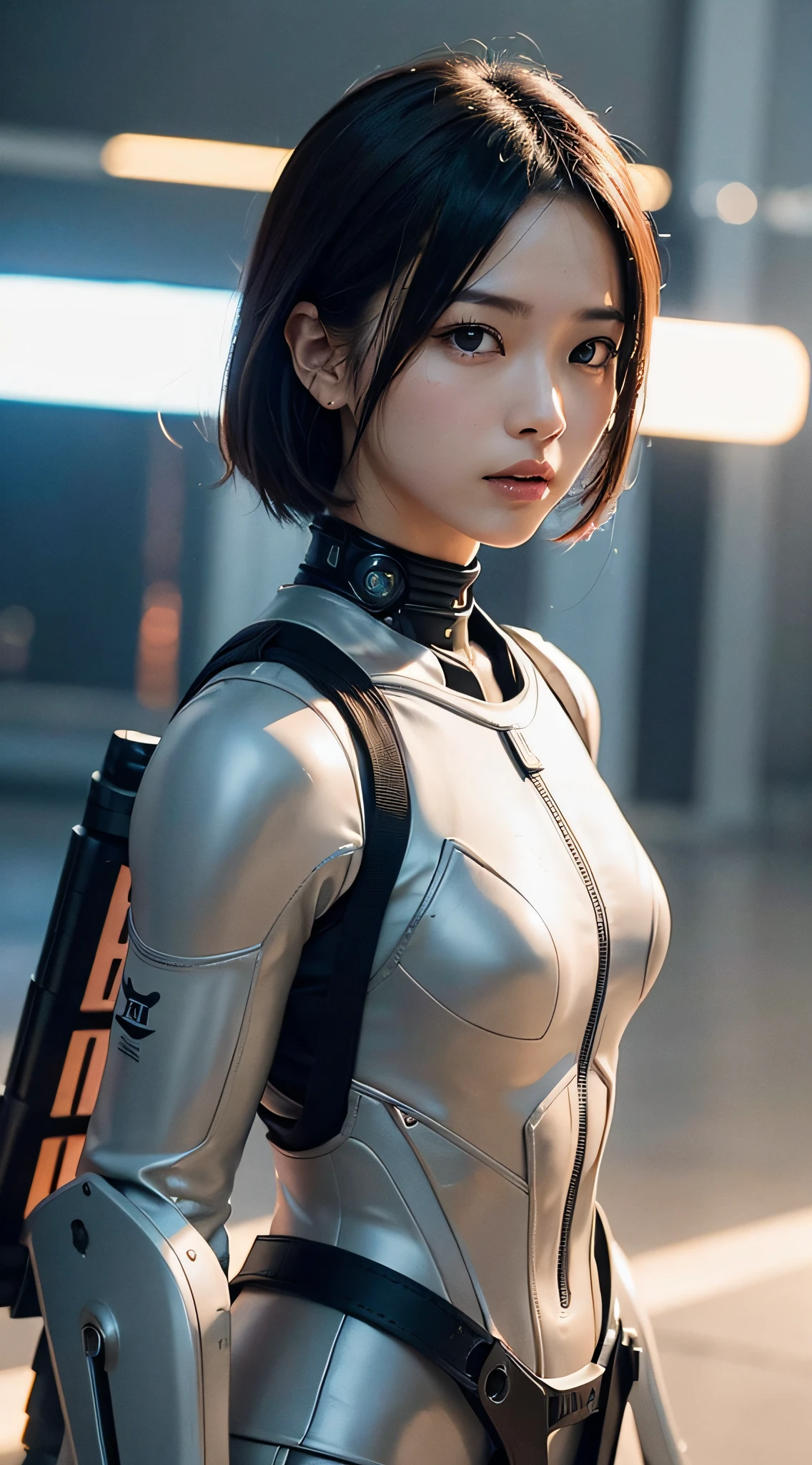 (a closeup:1.4)、(Raw photography:1.2)、(Photorealsitic:1.4)、(masterpiece:1.3)、(top-quality:1.4)、Woman standing in front of a group of robots、beautiful android woman、Beautiful Female Soldier、Girl in suit、complex combat uniform、beautiful young japanese woman、Highly detailed facial and skin texture、A detailed eye、二重まぶた、cute face、(a short bob:1.2)、(FULL BODYSHOT)、cowboy shot、angry expressions、Storms and epic war scenes、cyberpunk scene、Night、illuminations、