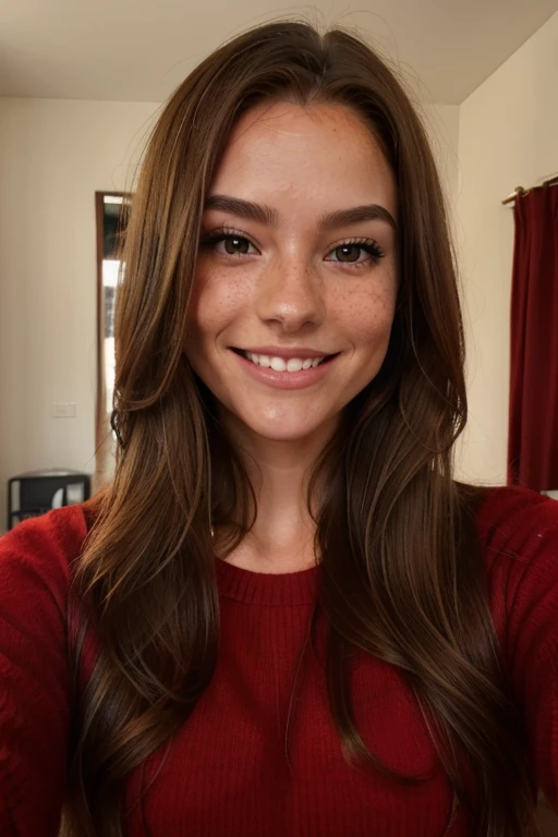 long full hair, red cashmere pullover, no cut outs, some freckles, taking a selfie, dark blonde hair, brown eyes, full lips, realistic, smiling with mouth closed