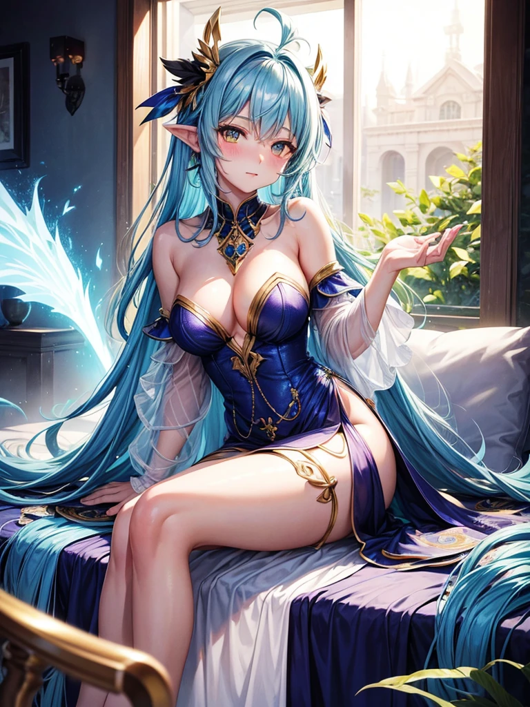 thattimeigotreincarnatedasaslime, Rimuru Tempest, Female Version, Breasts, Dress, Sitting, sexy, blush, sexygirl, Gold Eyes, Blue Long Hair