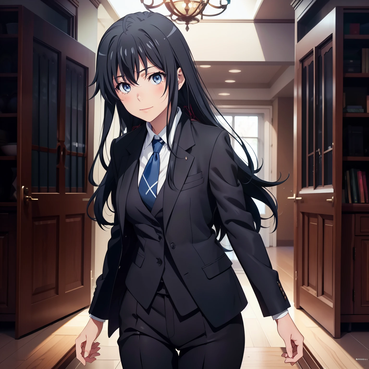 1GIRL , Yukinoshita yukino , Yukinoshita yukino,woman in formal attireactive suit tuxedo tailcoat standing in a large alcove in the room, 1girl, solo, necktie, black hair, blue eyes, long hair, smile, jacket, looking at viewer, shirt, pants, blue necktie, collared shirt, white pants, white shirt, indoors, bangs, long sleeves, closed mouth, window, black jacket, blush, cowboy shot, formal, suit, full sexy body