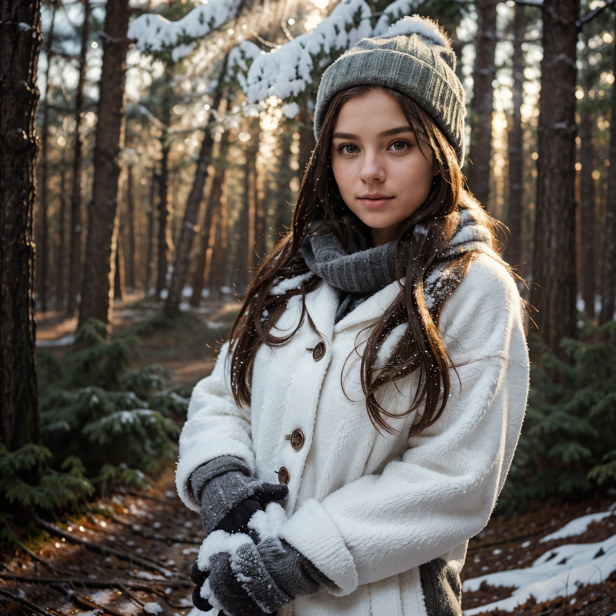 girl, long brown hair, posing at the forest, woollen cap, winter gloves, snowy forest, evening, cold, (blowing snow), backlighting, masterpiece, (depth of field)