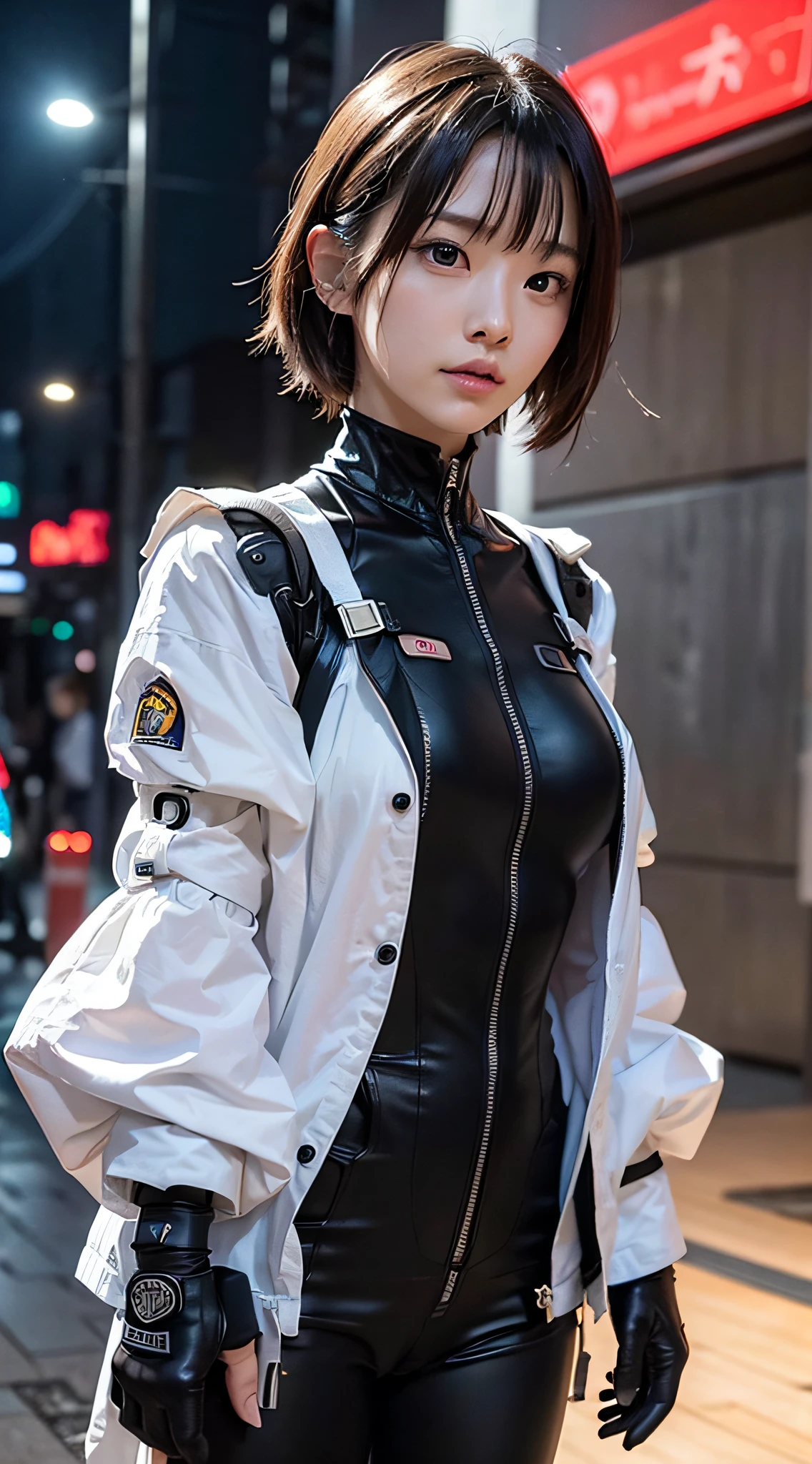 (a closeup:1.4)、(Raw photography:1.2)、(Photorealsitic:1.4)、(masterpiece:1.3)、(top-quality:1.4)、Woman standing in front of a group of robots、beautiful android woman、Beautiful Female Soldier、Girl in suit、complex combat uniform、beautiful young japanese woman、Highly detailed facial and skin texture、A detailed eye、二重まぶた、cute face、(a short bob:1.2)、(FULL BODYSHOT)、cowboy shot、angry expressions、Storms and epic war scenes、cyberpunk scene、Night、illuminations、