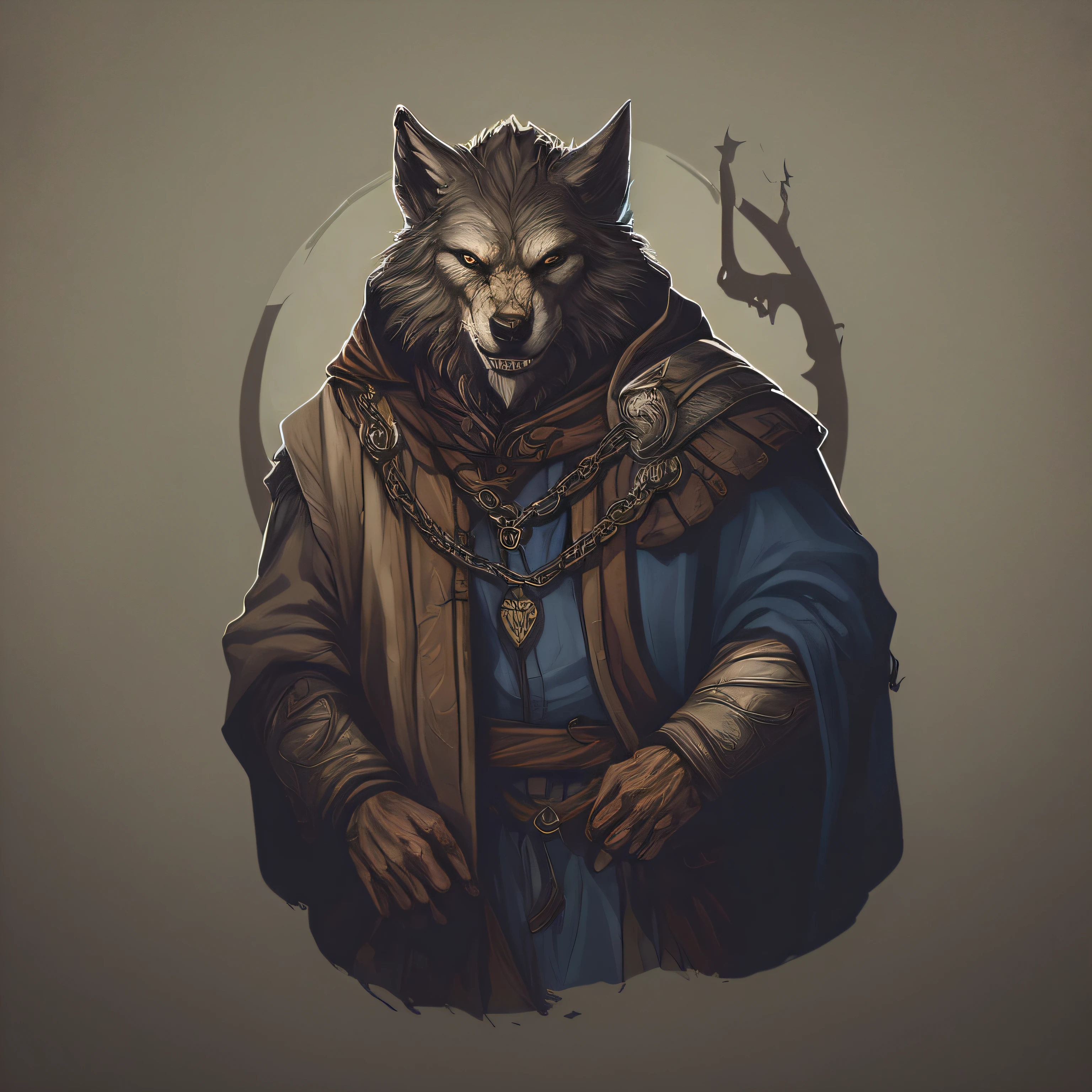 blurred image of a wolf with a chain around its neck, arte do personagem de fantasia dnd, high quality dnd illustration, Retrato de um Gnoll, Retrato de personagem DND de corpo inteiro, dnd retrato da arte do caractere, an anthropomorphic wolf, retrato do lobo da fantasia, d & d retrato do caractere, arte do personagem dnd, anthropomorphic wolf, Arte do personagem RPG