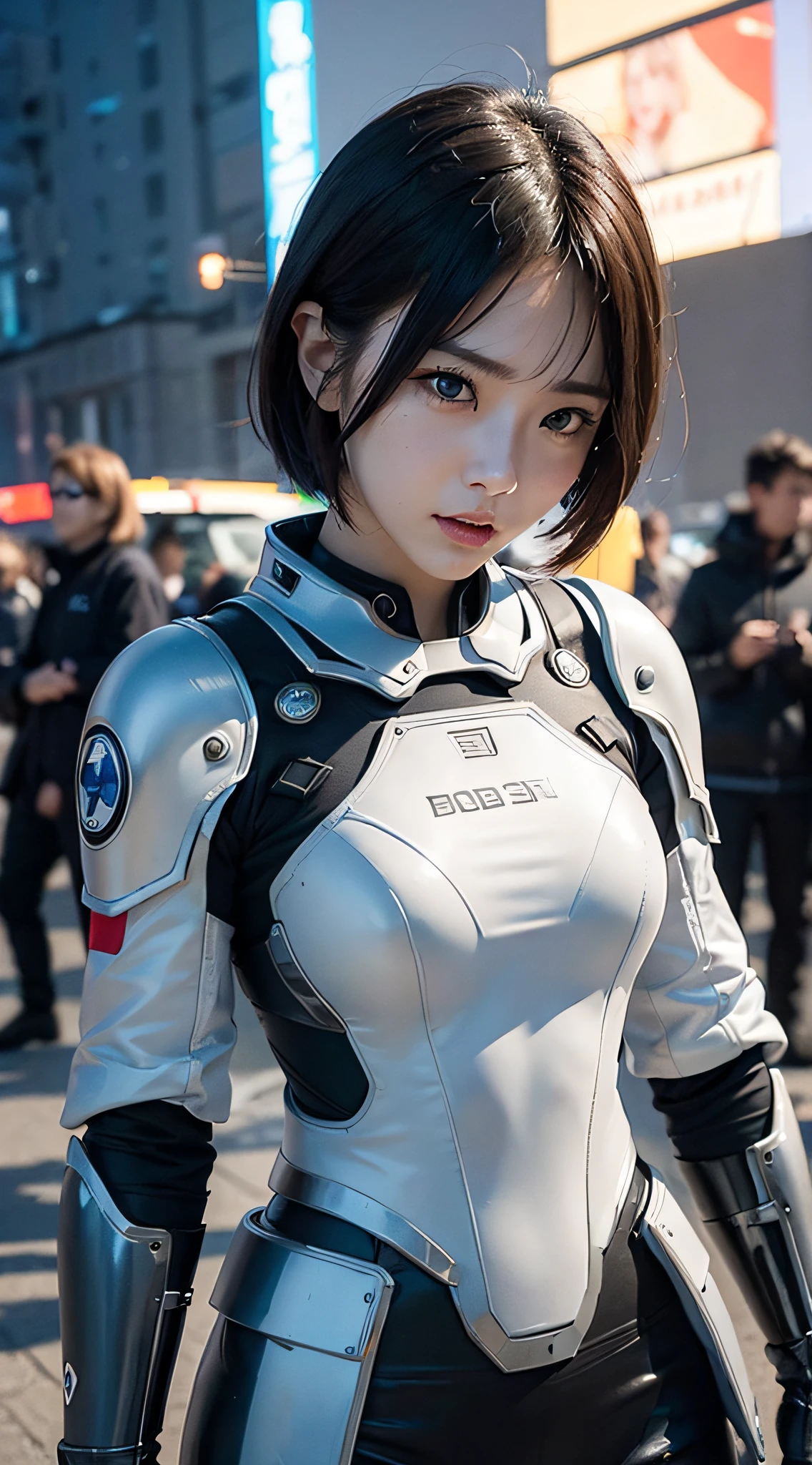 (a closeup:1.4)、(Raw photography:1.2)、(Photorealsitic:1.4)、(masterpiece:1.3)、(top-quality:1.4)、Woman standing in front of a group of robots、beautiful android woman、Beautiful Female Soldier、Girl in suit、complex combat uniform、beautiful young japanese woman、Highly detailed facial and skin texture、A detailed eye、二重まぶた、cute face、(a short bob:1.2)、(FULL BODYSHOT)、cowboy shot、angry expressions、Storms and epic war scenes、cyberpunk scene、Night、illuminations、