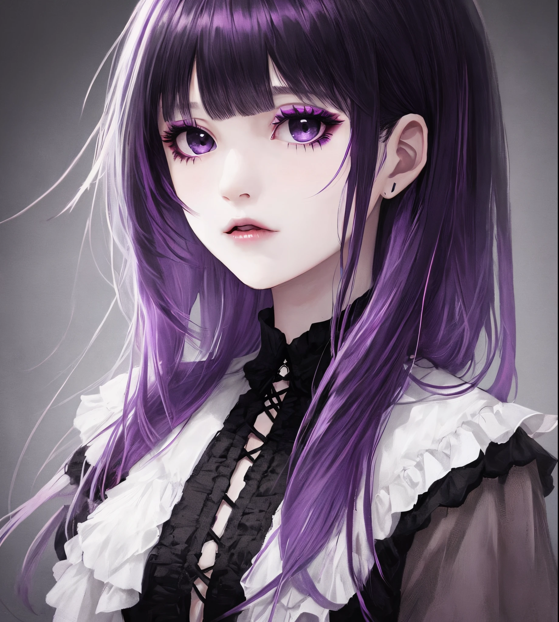 [(pale girl teenager) (medium length black hair with layers and purple highlights) (black eyes) (gothic style)]