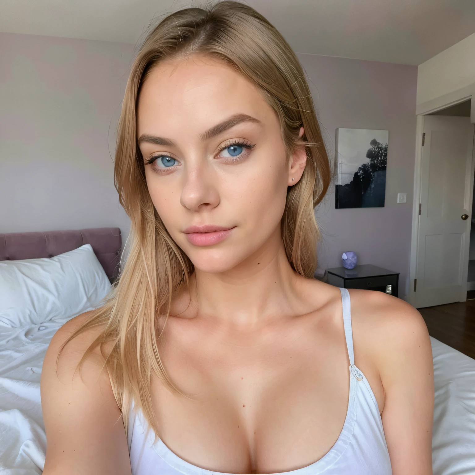 adult woman fully , sexy girl with blue eyes, ultra realistic, meticulously detailed, blonde hair, selfie of a young woman, bedroom eyes, violet myers, without makeup, looking directly at the camera, face with artgram, subtle makeup, stunning full body shot, in bedroom, large size bust