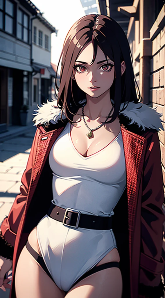 RAW, professional photograph, medium shot, photorealistic, realistic lights, realistic shadows, hyper-realistic, ray tracing, super detail, UHD, 8k, female, twenty years old, athletic body, soft facial features, long hair, straight hair, crimson hair, crimson eyes, bear fur coat, emerald necklace, winter, medieval town