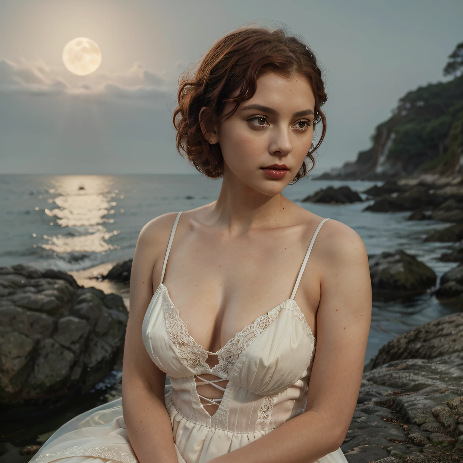 handsome girl, red short curly hair, Green big eyes, red-lips, in a cream lace long dress with a vintage style cutout, Victorian classic, gracefully fits a chic figure. Girl sitting on a rock on the ocean shore, night time, soft light of the moon and lanterns, light mist. Highest Quality, high detail, hyper realisitc, Hyperreal photo of, cinematic quality, high detail, Raw