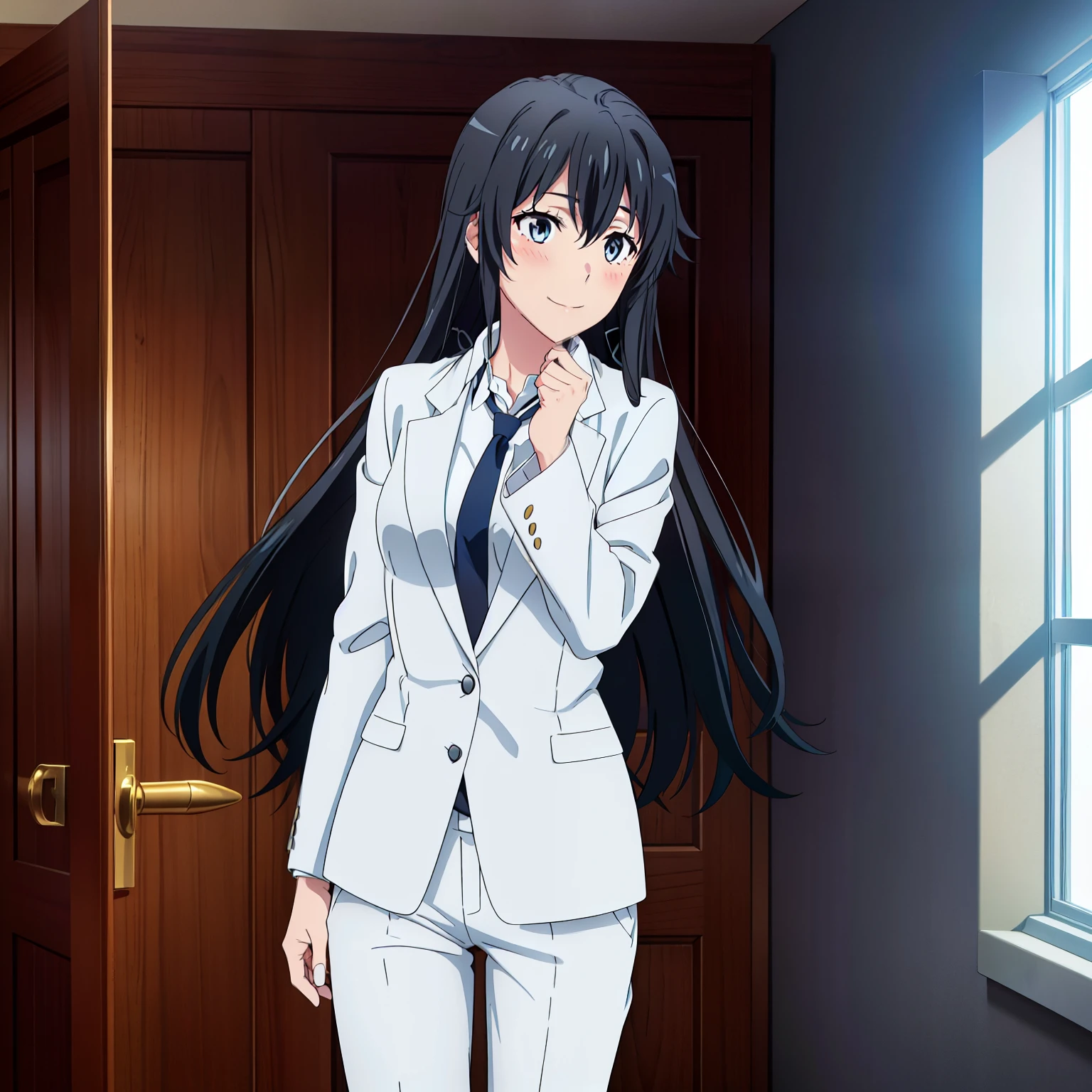 1GIRL , Yukinoshita yukino , Yukinoshita yukino,woman in formal attireactive suit tuxedo tailcoat standing in a large alcove in the room, 1girl, solo, necktie, black hair, blue eyes, long hair, smile, jacket, looking at viewer, shirt, pants, blue necktie, collared shirt, white pants, white shirt, indoors, bangs, long sleeves, closed mouth, window, black jacket, blush, cowboy shot, formal, suit, full sexy body
