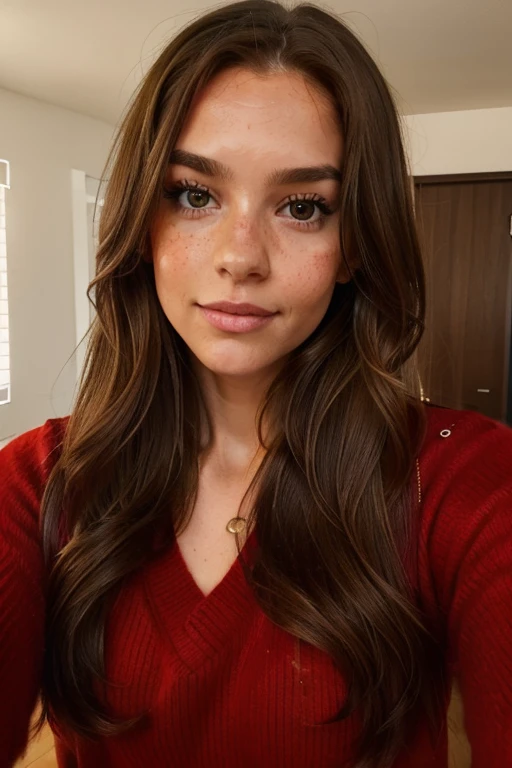 long full hair, red cashmere pullover, no cut outs, some freckles, taking a selfie, head tilt, dark blonde hair, brown eyes, full lips, realistic