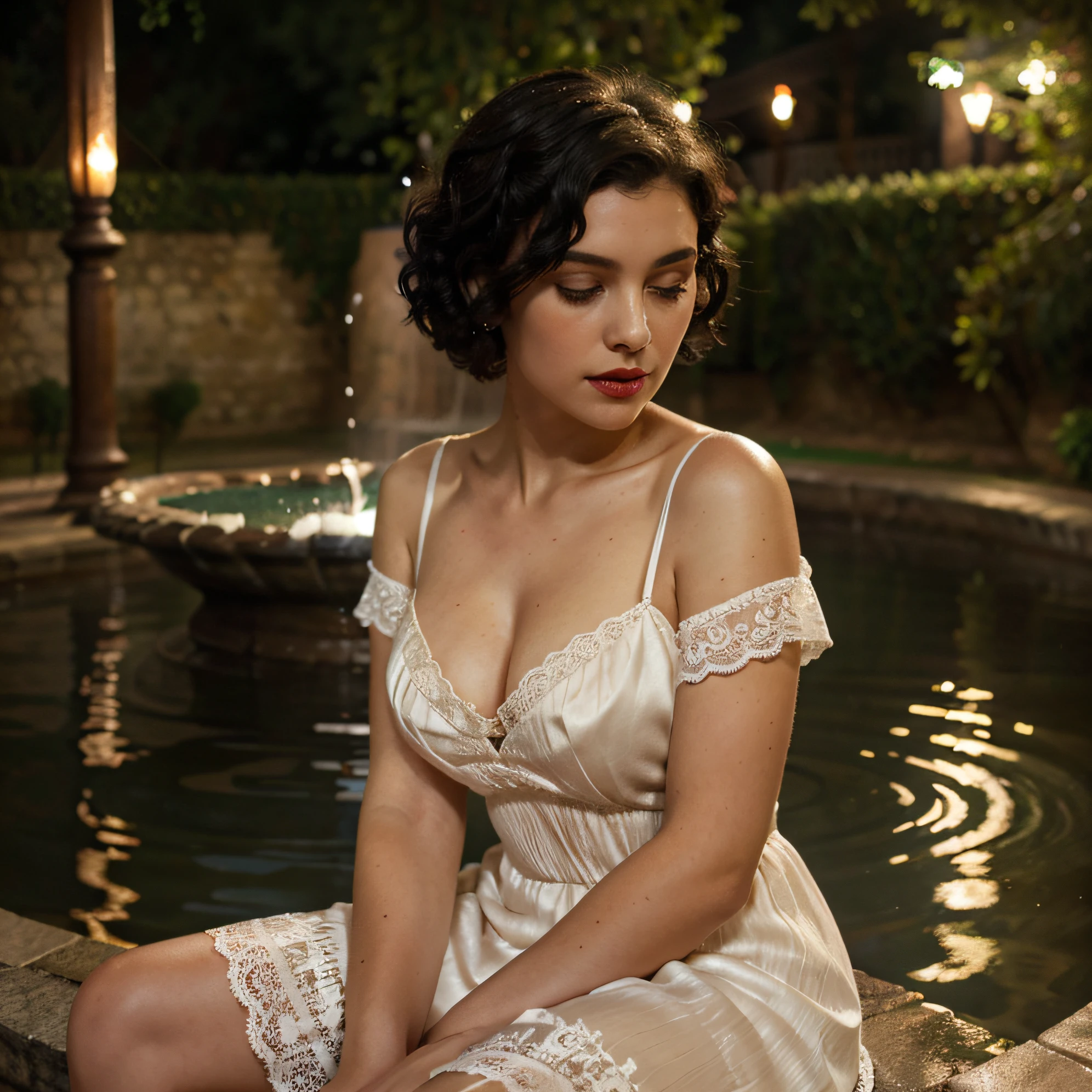 handsome girl, black short curly hair, Dark big eyes, red-lips, in a vintage style silk and cream lace dress, Victorian classic, gracefully fits a chic figure. Girl sitting near the fountain, such a place, like Provence in France, night time, Soft light lanterns, light mist. Highest Quality, high detail, hyper realisitc, Hyperreal photo of, cinematic quality, high detail, Raw
