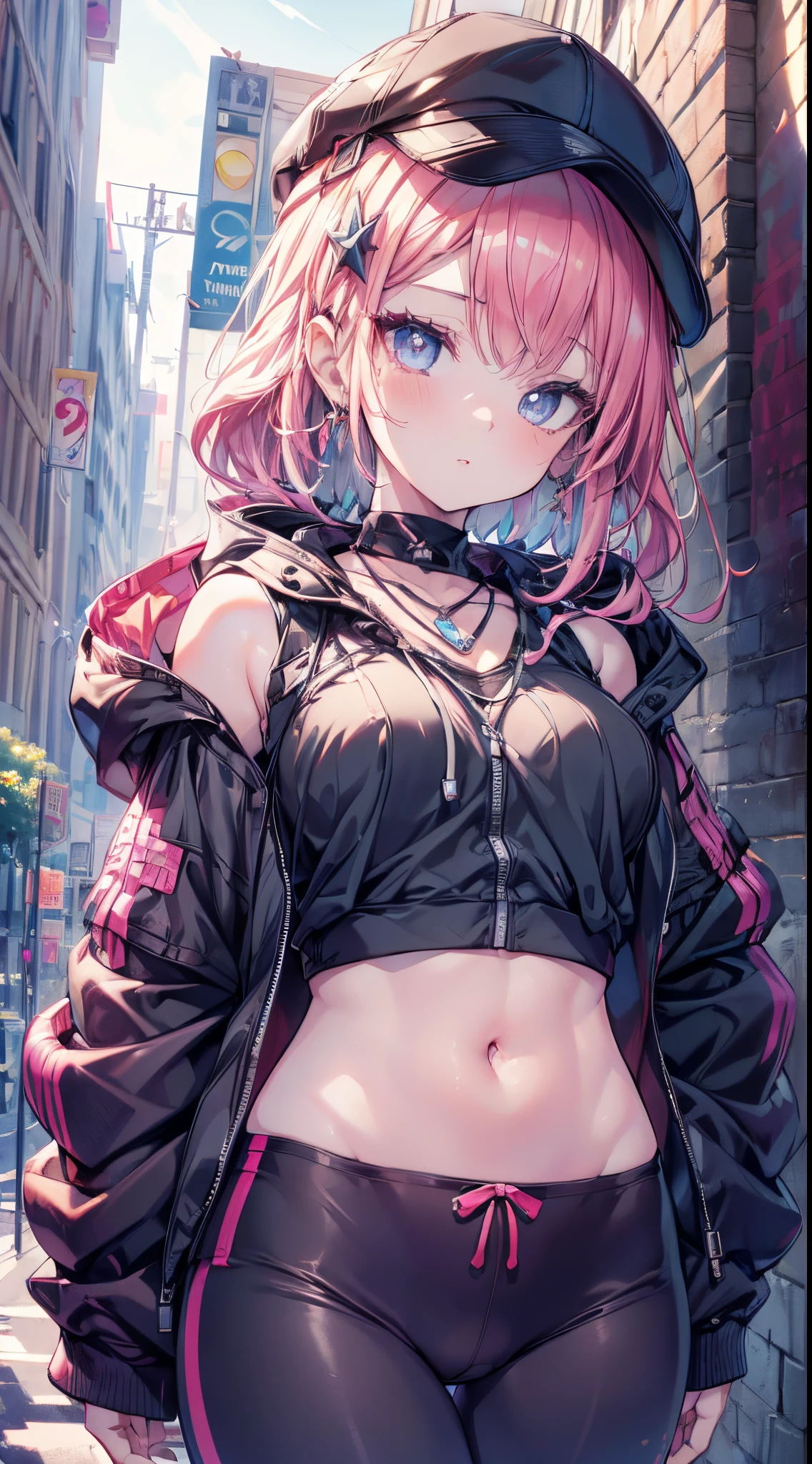 (masutepiece ,Best Quality,Insanely detailed), 1 Cute Pure Girl,(street fashion :1.2),cap,hooded hoodie,sports bra,leggings,navel,stomach,graffiti wall,detailed and beautiful eyes,Twinkle Eyes,Glossy lips, Perfect Anatomy , Perfect five fingers,Attractive,amazing, Super Fine Age