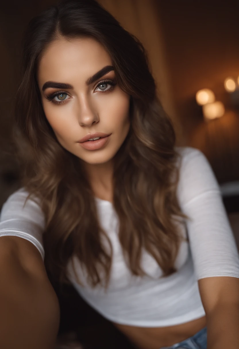 Arafed Mujer con camiseta sin mangas y bragas a juego, Chica sexy con ojos marrones, Retrato Sophie Mudd, brown hair and large eyes, selfie de una mujer joven, Paris, Violeta Myers, sin maquillaje, Maquillaje natural, staring directly into camera, cara con artgram, maquillaje sutil, Impresionante foto de cuerpo completo, En el dormitorio, escote