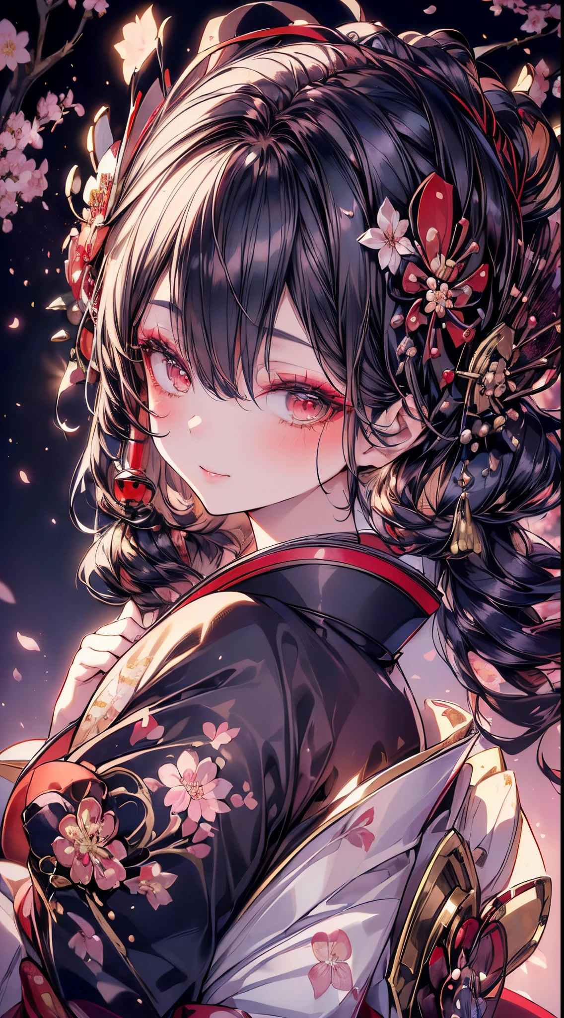 absurderes,(​masterpiece、top-quality、8K ),intricate detailes,ultra-detailliert、1 Beautiful Japan Woman、A slight smil、(geisha,Japan hair,Luxury kimono:1.4),(luxury hair ornament:1.4),(cherry blossom in full bloom、lots of flower:1.4),(Beautiful makeup:1.3),A slight smil、Snow-white skin、Hyper realistic,Perfect Anatomy