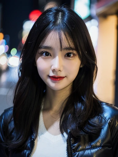(masterpiece, best quality, photo realistic, official art:1.4), (UHD, 8K quality wallpaper, High resolution, raw photo, film grain:1.2), (shiny skin), professional lighting, physically-based rendering, Award-winning, highly detailed skin, (extremely detailed face and eyes, clear pupils), Carl Zeiss 85 mm F/1.4, depth of field, BREAK, 1girl, solo, kawaii 24-year-old Korean girl, (Nogizaka idol:0.7), (Korean idol:0.9), (glossy straight black hair, medium hair, forehead:1.3), rounded face, single eyelid, (soft smiling, closed mouth:1.3), (wearing light down jacket:1.3), (skinny jeans, high heels:0.7), (breasts emphasized, well shaped medium breasts:0.8), (looking at viewer), BREAK, at a street in Seoul, winter night, moonlight, (seductive posing, dynamic angle:1.3), upper body shot,