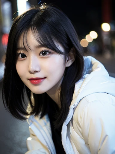 (masterpiece, best quality, photo realistic, official art:1.4), (UHD, 8K quality wallpaper, High resolution, raw photo, film grain:1.2), (shiny skin), professional lighting, physically-based rendering, Award-winning, highly detailed skin, (extremely detailed face and eyes, clear pupils), Carl Zeiss 85 mm F/1.4, depth of field, BREAK, 1girl, solo, kawaii 24-year-old Korean girl, (Nogizaka idol:0.7), (Korean idol:0.9), (glossy straight black hair, medium hair, forehead:1.3), rounded face, single eyelid, (soft smiling, closed mouth:1.3), (wearing light down jacket:1.3), (skinny jeans, high heels:0.7), (breasts emphasized, well shaped medium breasts:0.8), (looking at viewer), BREAK, at a street in Seoul, winter night, moonlight, (seductive posing, dynamic angle:1.3), upper body shot,