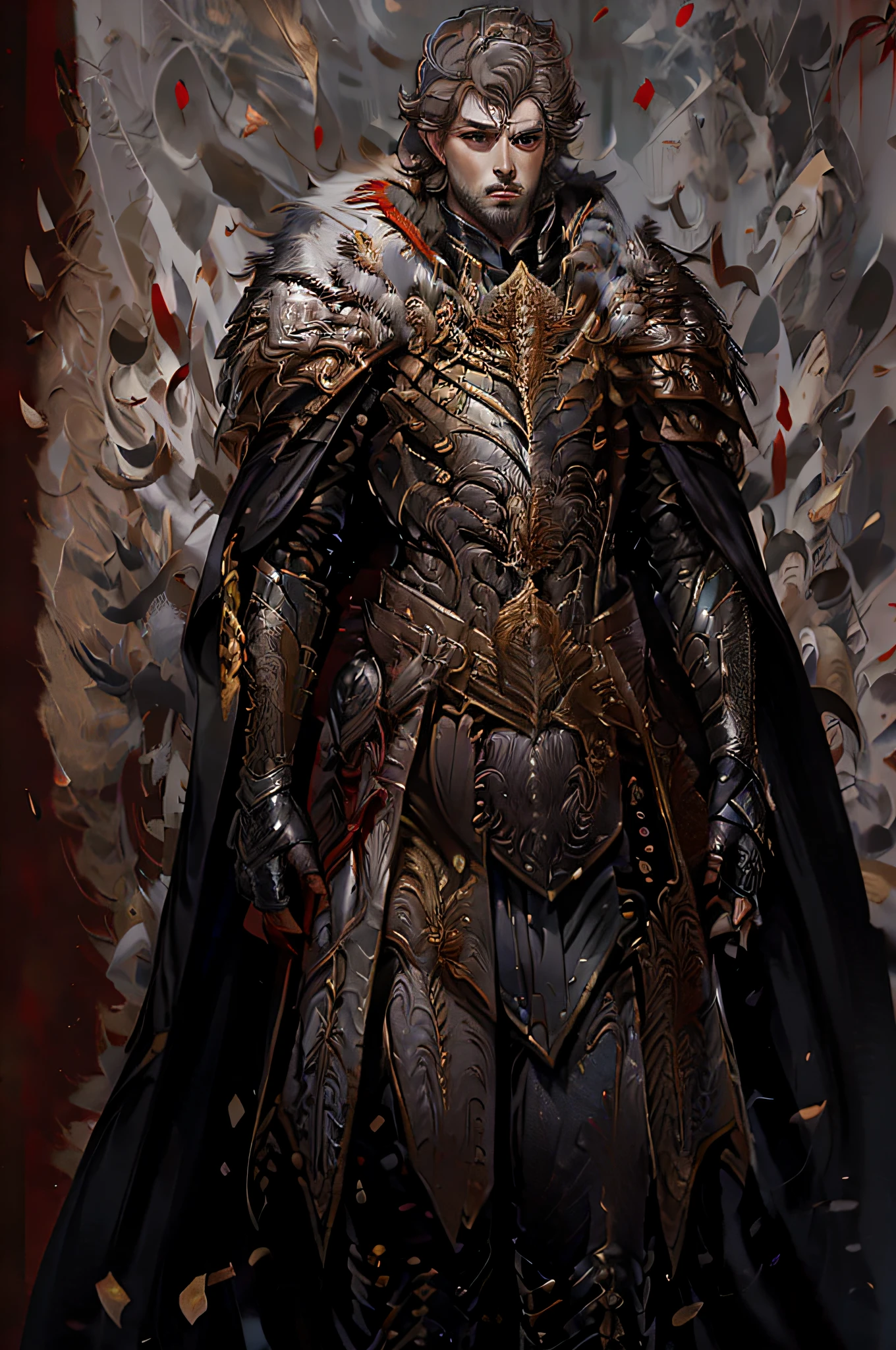 HDR, UDR, 8K, Best quality, masterpiece, highly detailed, Studio lighting, Physically-based rendering, 1boy, solo, (white armor), Games of Thrones style, red cape, gold crown, black gloves, metal, shoulder plates, gray short hair, short beard, manly gloss armor, emperor, royal