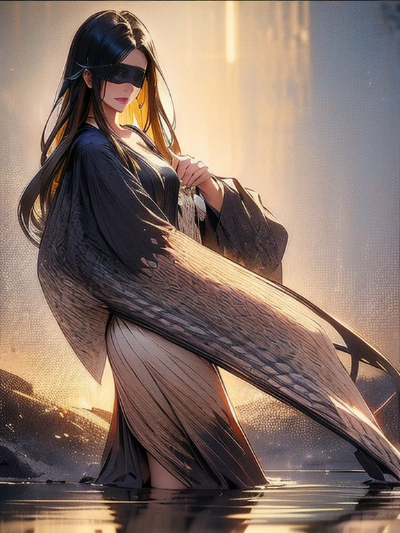 (best quality) A small chested, feminine blind woman wearing a blindfold and an elegant gown. She has long black hair pinned with flowers and is standing in a shallow pond looking magical