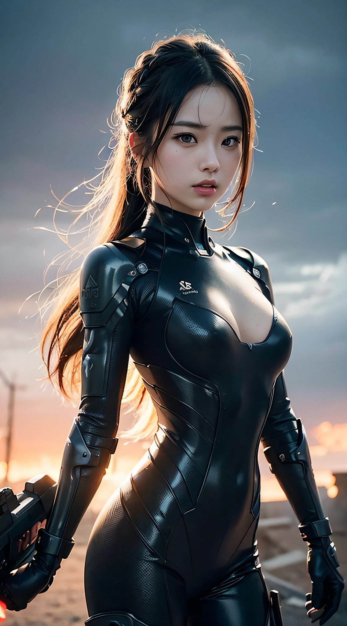 (a closeup:1.4)、(Raw photography:1.2)、(Photorealsitic:1.4)、(masterpiece:1.3)、(top-quality:1.4)、Woman standing in front of a group of robots、beautiful android woman、Beautiful Female Soldier、Girl in suit、complex combat uniform、beautiful young japanese woman、Highly detailed facial and skin texture、Detailed Big Eyes、二重まぶた、cute face、(Twin-tailed:1.2)、(FULL BODYSHOT)、cowboy shot、(angry expressions:1.2)、Storms and epic war scenes、cyberpunk scene、Night、illuminations、plugsuit、Holding a gun、combat uniform damage、
