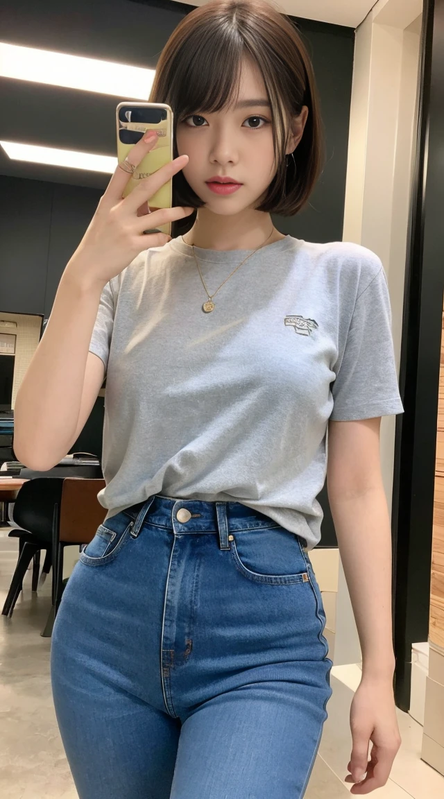 (Best quality at best, 8K, 32K, masterpiece, hyper HD:1.3),Korean beauty photos, 1 girl, (long slim figure, perfect body figure :1.2), Medium and short hair: 1.1, (Fashion jeans), (indoor, natta :1.2), Hold the phone cover, The face is very detailed, Fingers are super delicate, detailed lips, A detailed eye, 二重まぶた